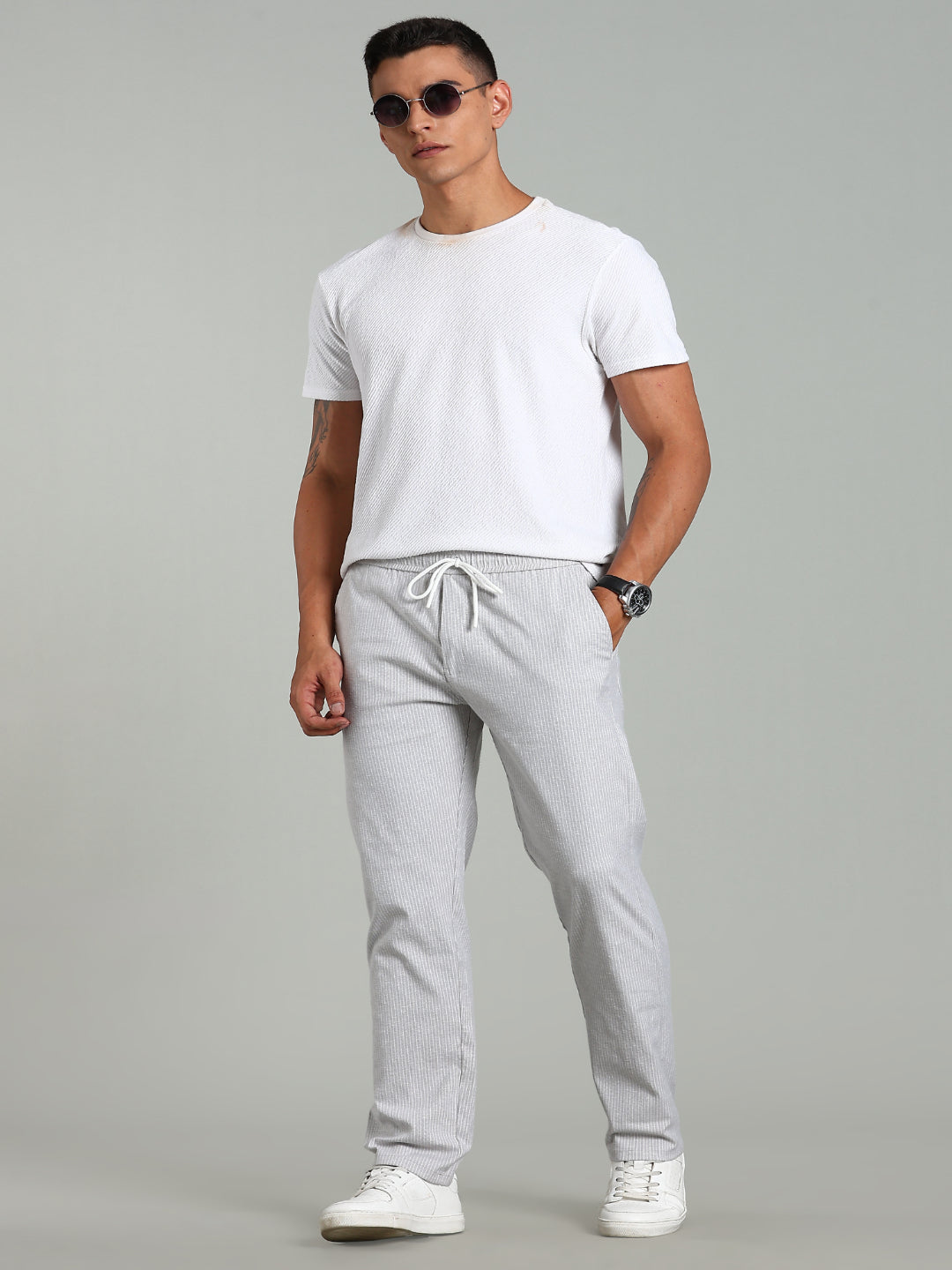 Haven Grey Striped Linen Pant
