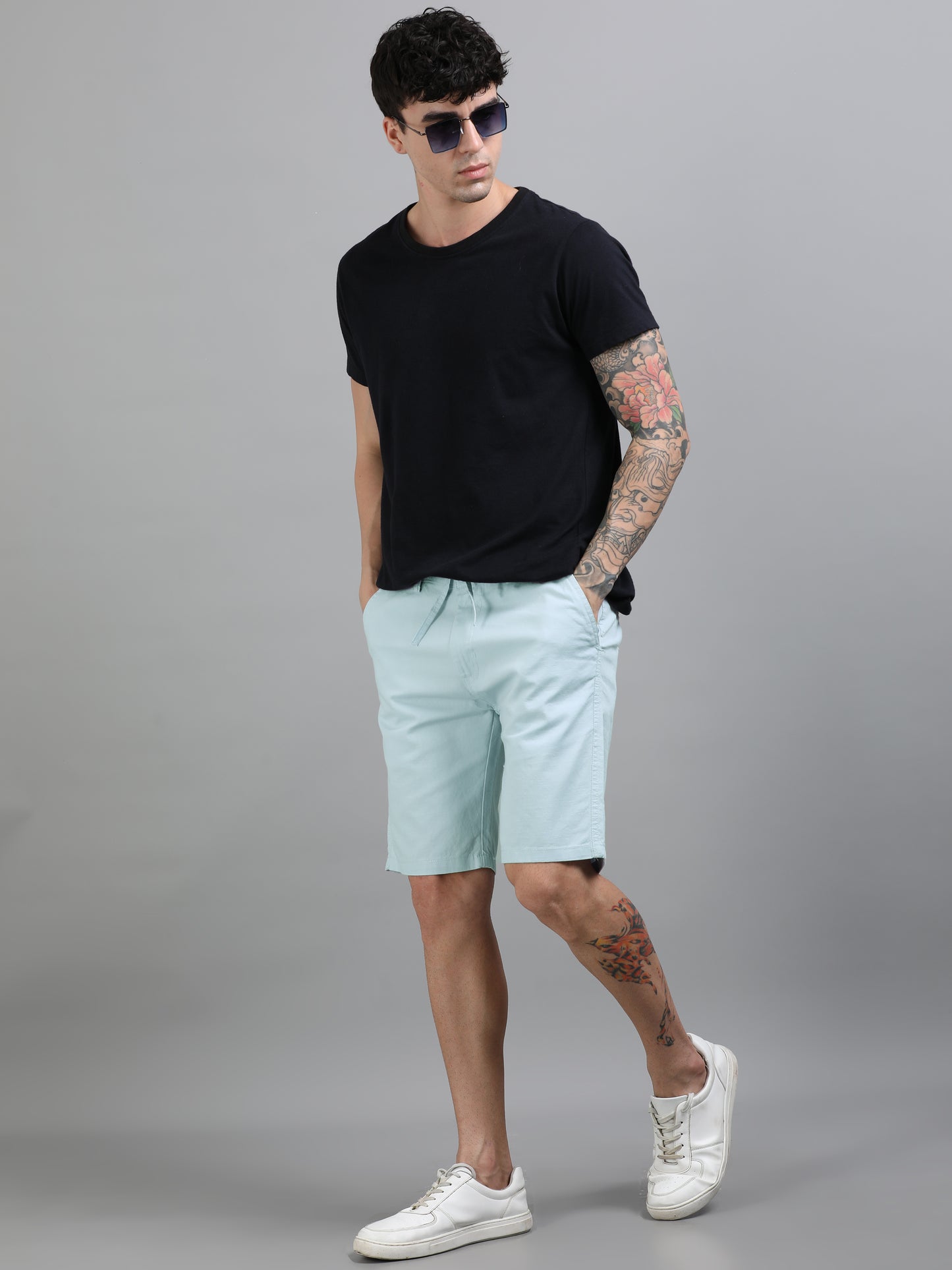 Plain Blue Linen Blend Shorts