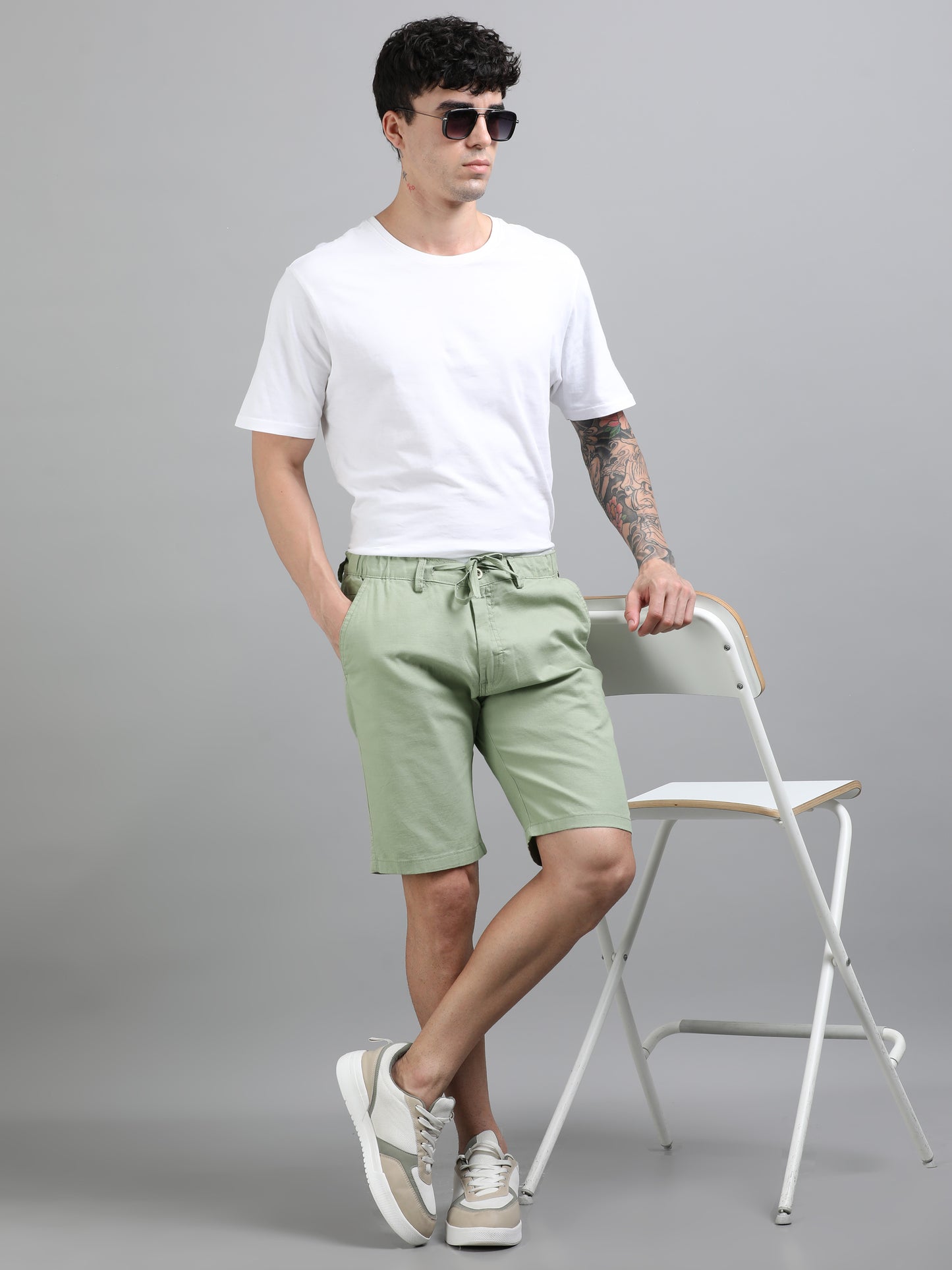Plain Green Linen Blend Shorts