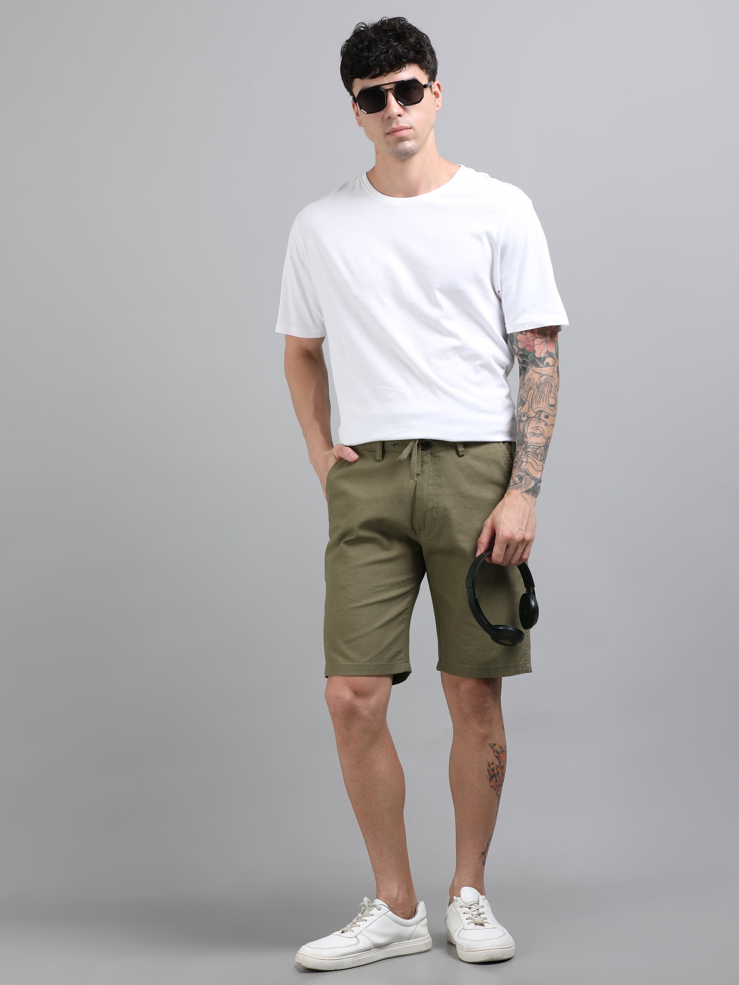 Plain Olive Linen Blend Shorts