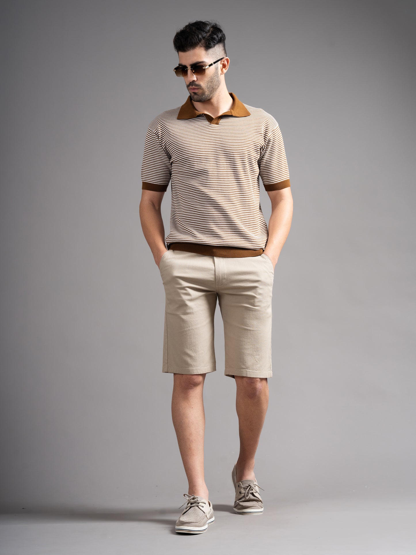 Solid Beige Linen Shorts
