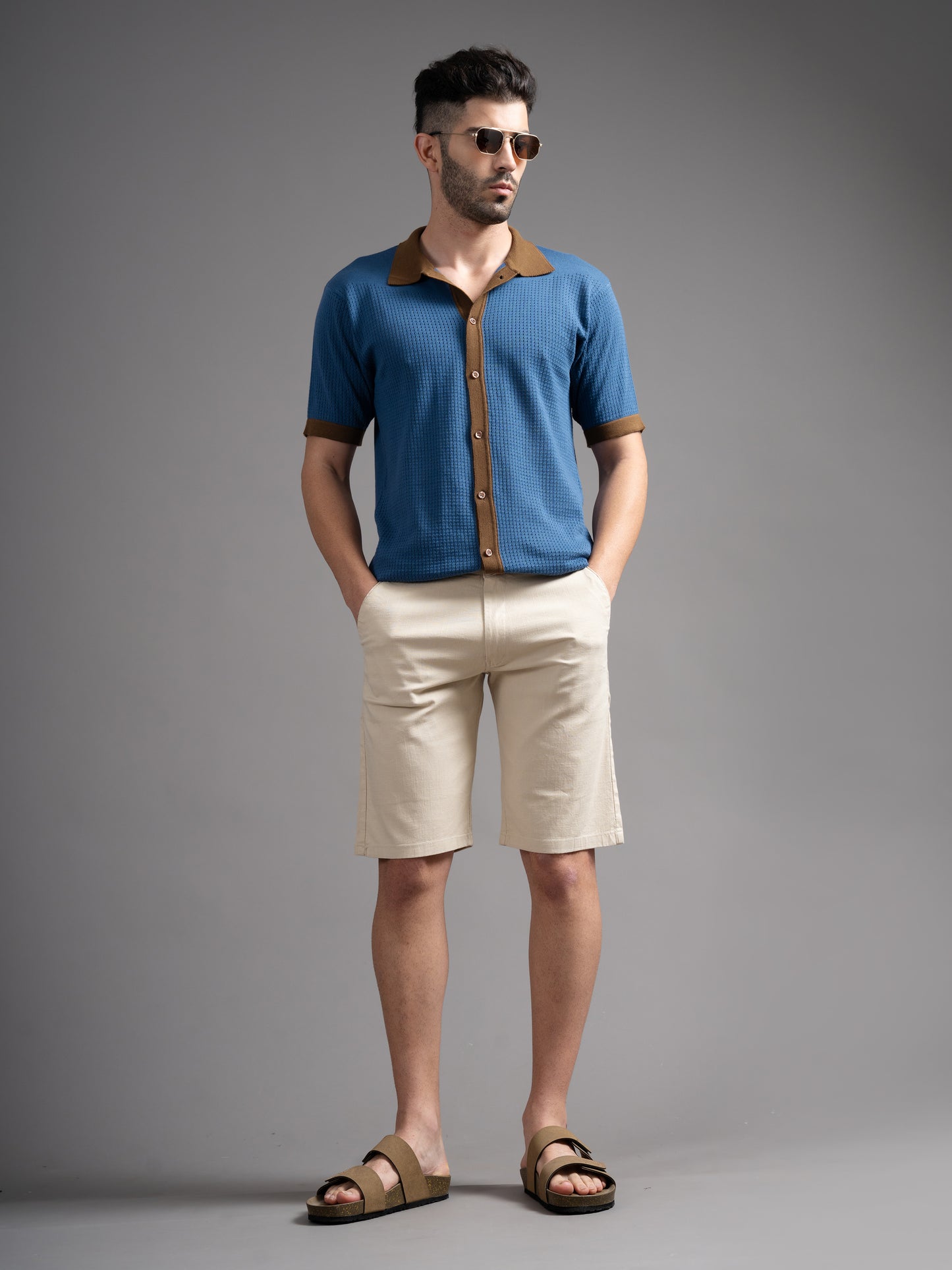 Solid Cream Linen Shorts