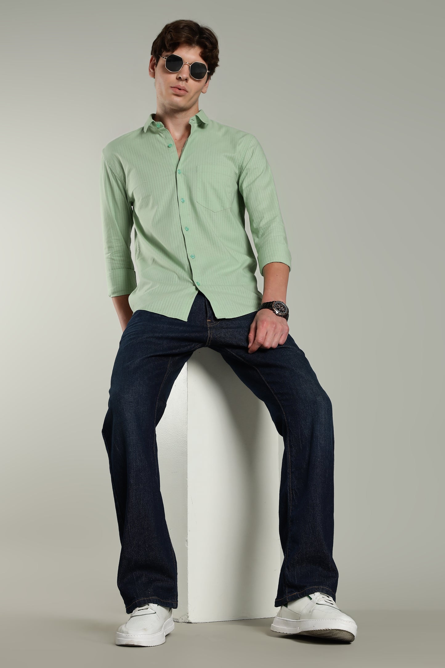 Linen Pin Striped Green Shirt