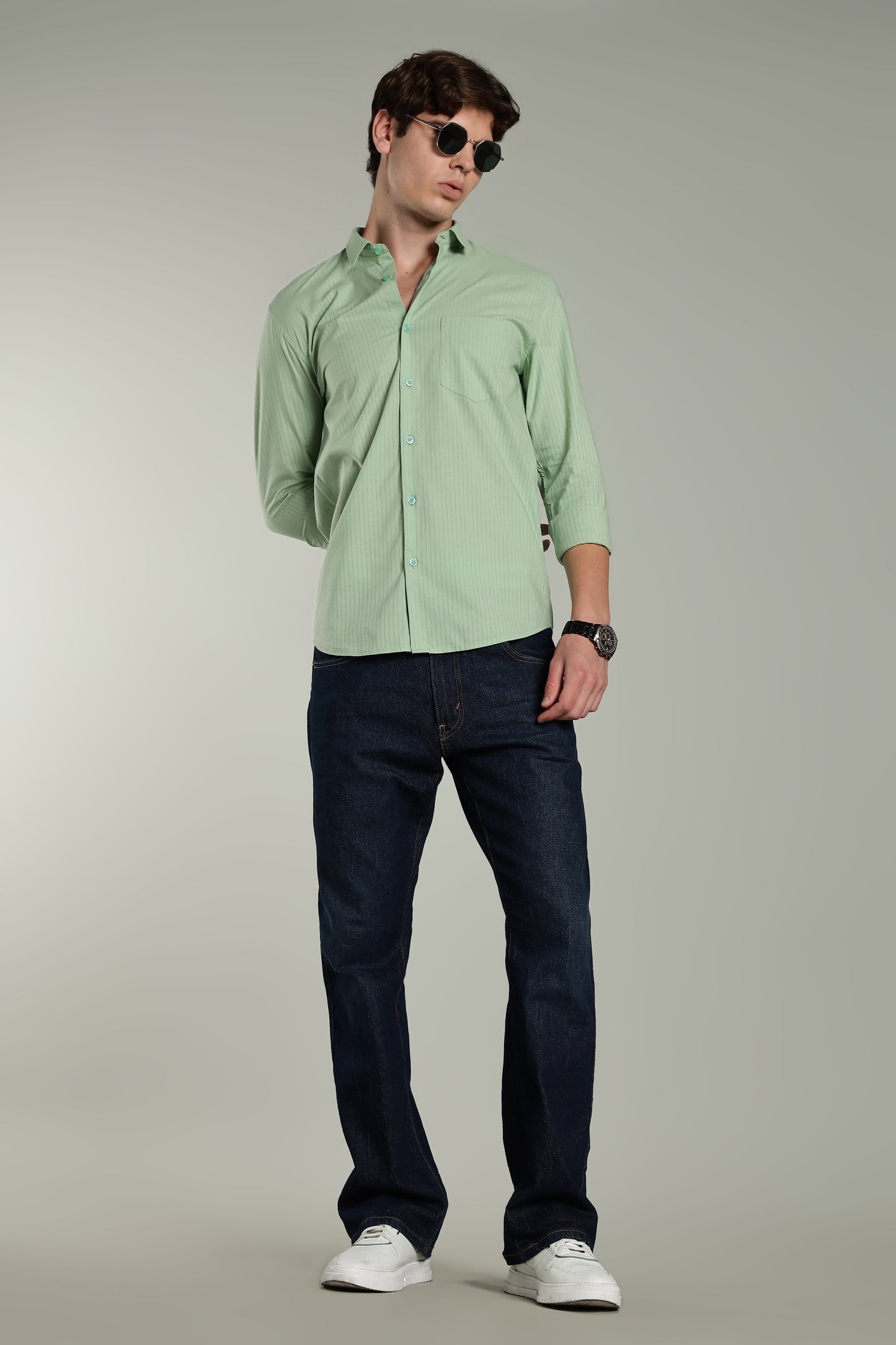 Linen Pin Striped Green Shirt