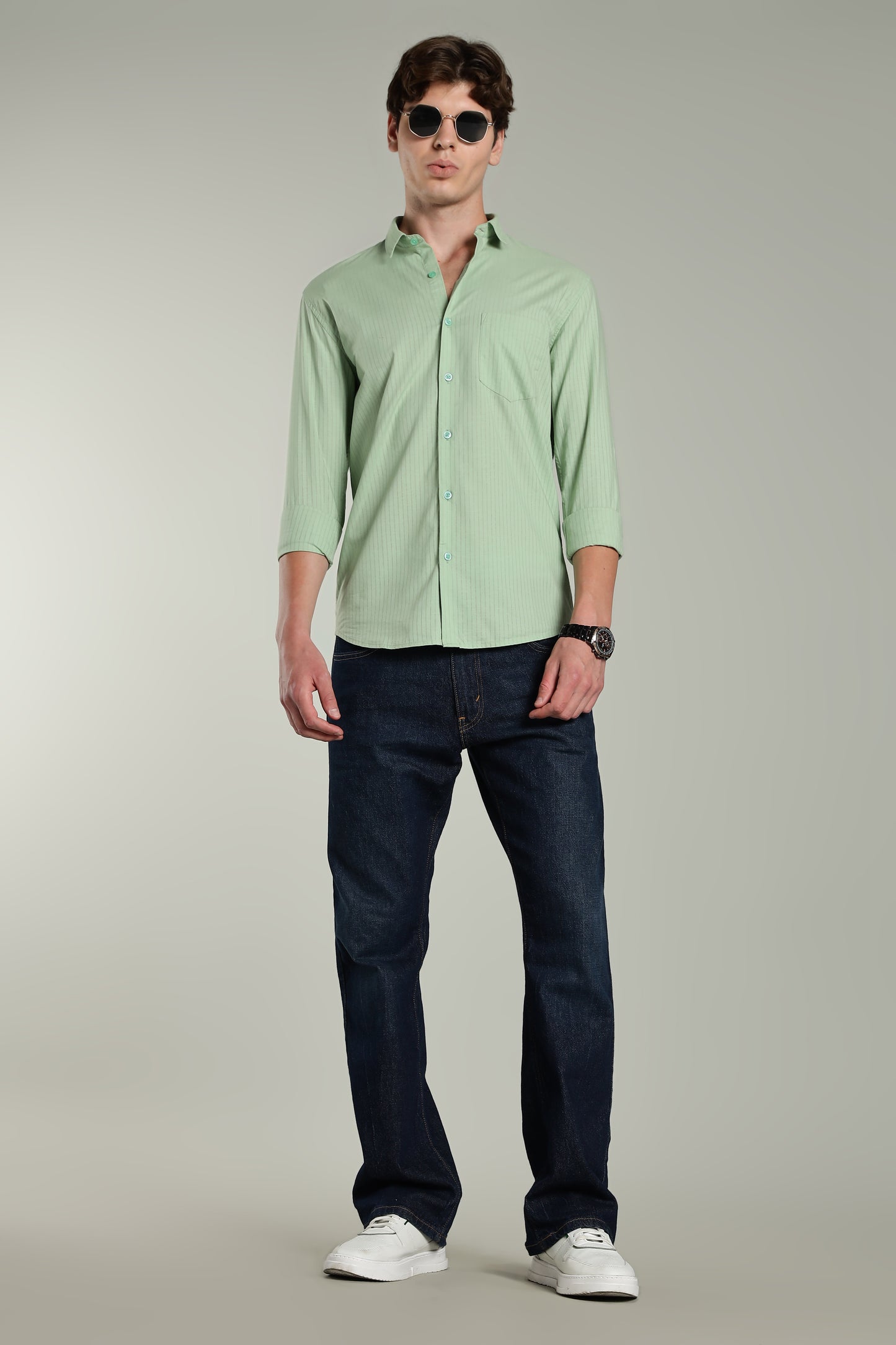 Linen Pin Striped Green Shirt