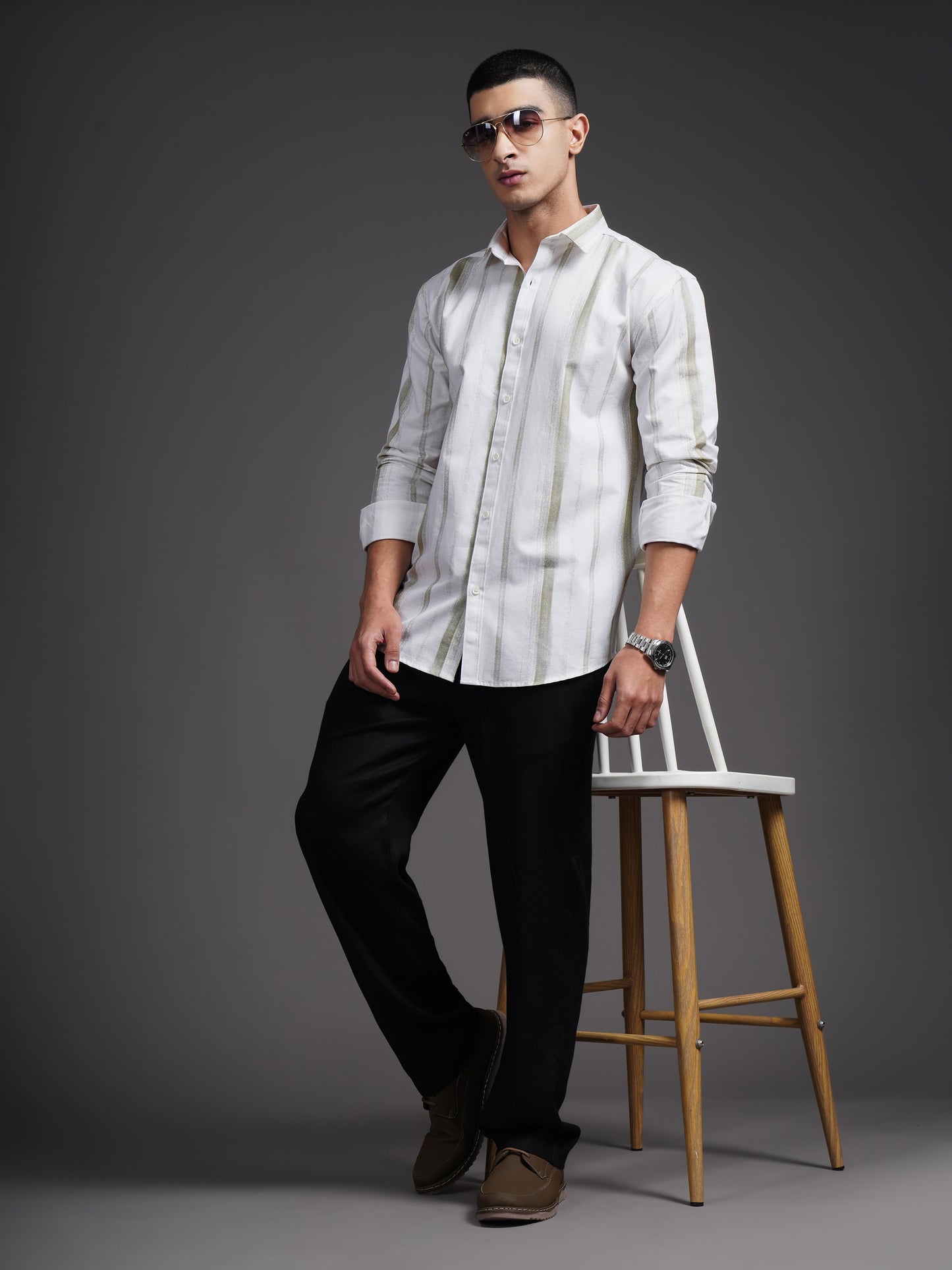 Eskar Green Striped Shirt