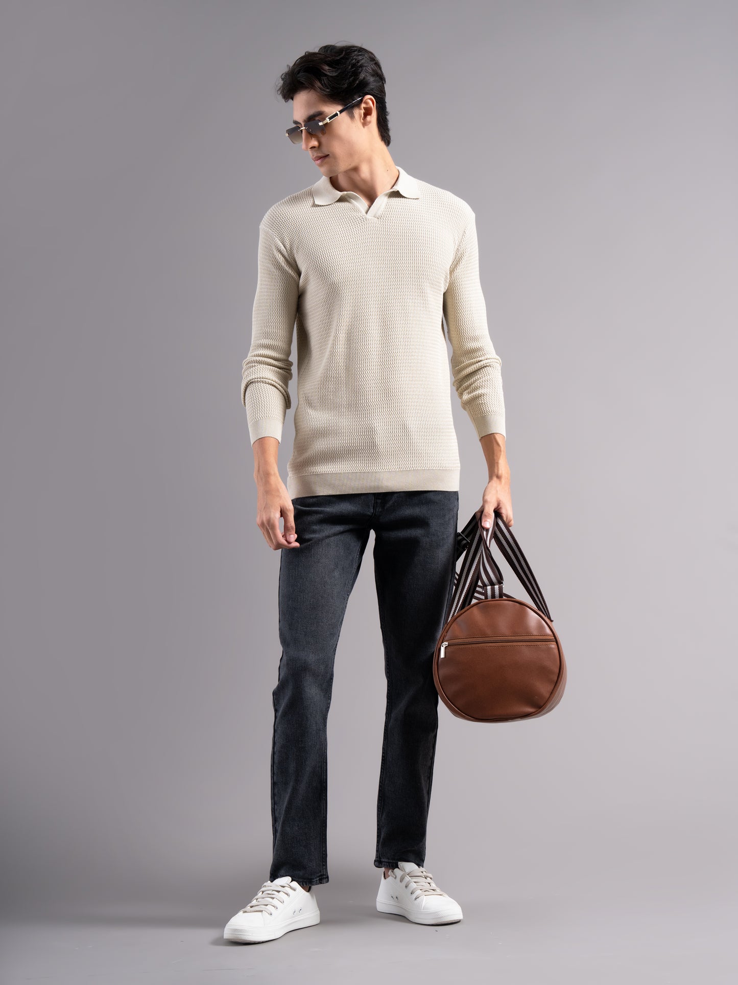 Arvion Beige Knit Polo T-Shirt