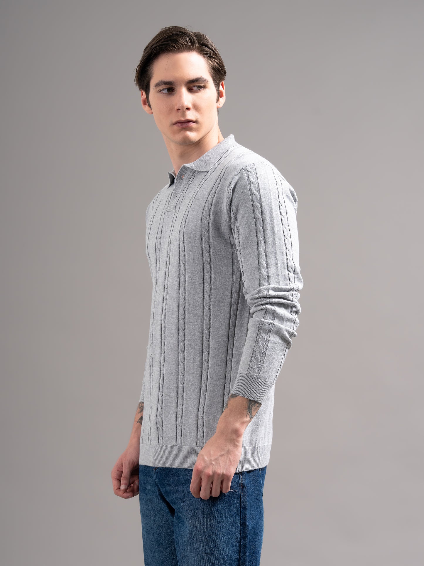Cable Grey Knit Polo T-Shirt