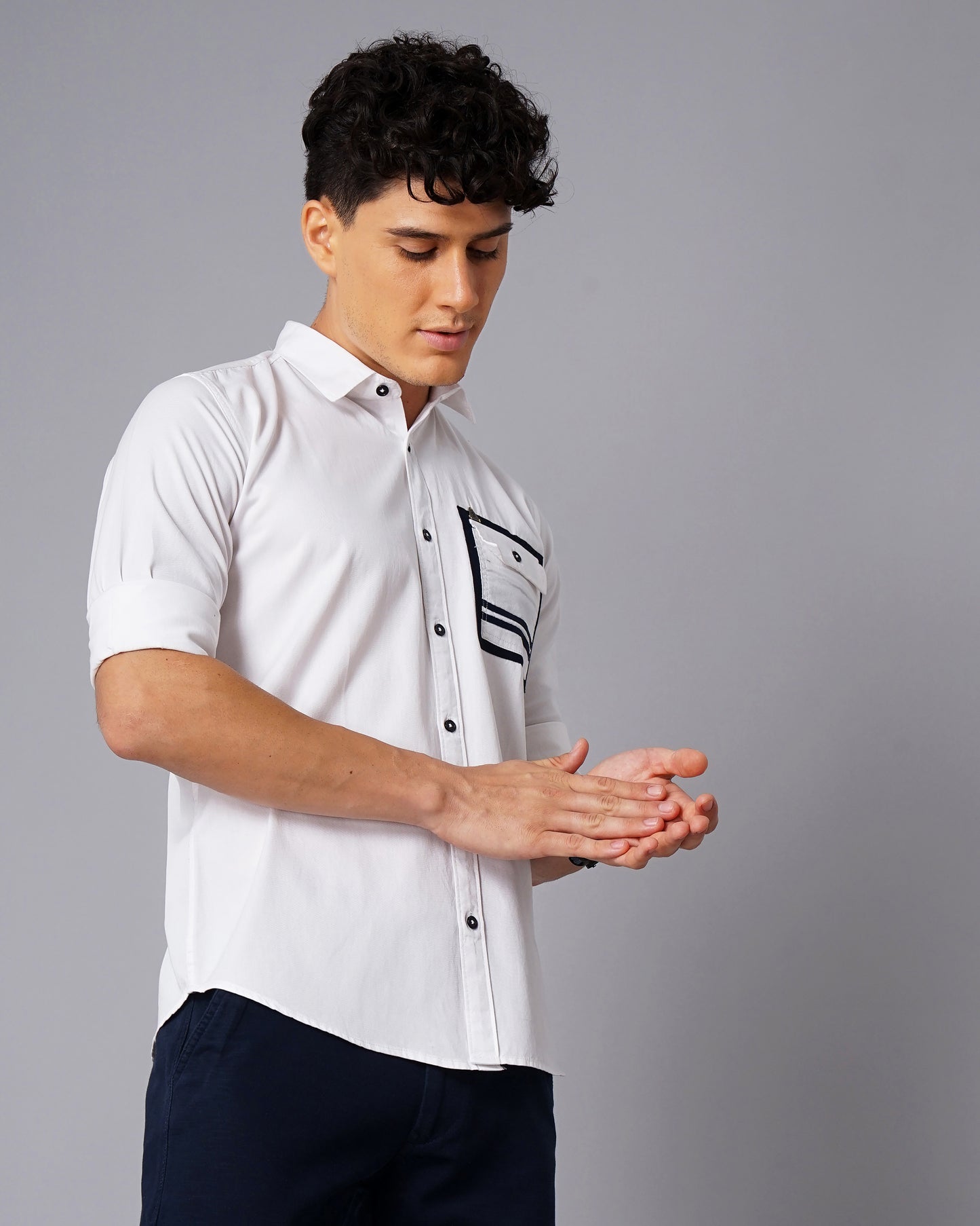 Outline Pocket White Solid Shirt