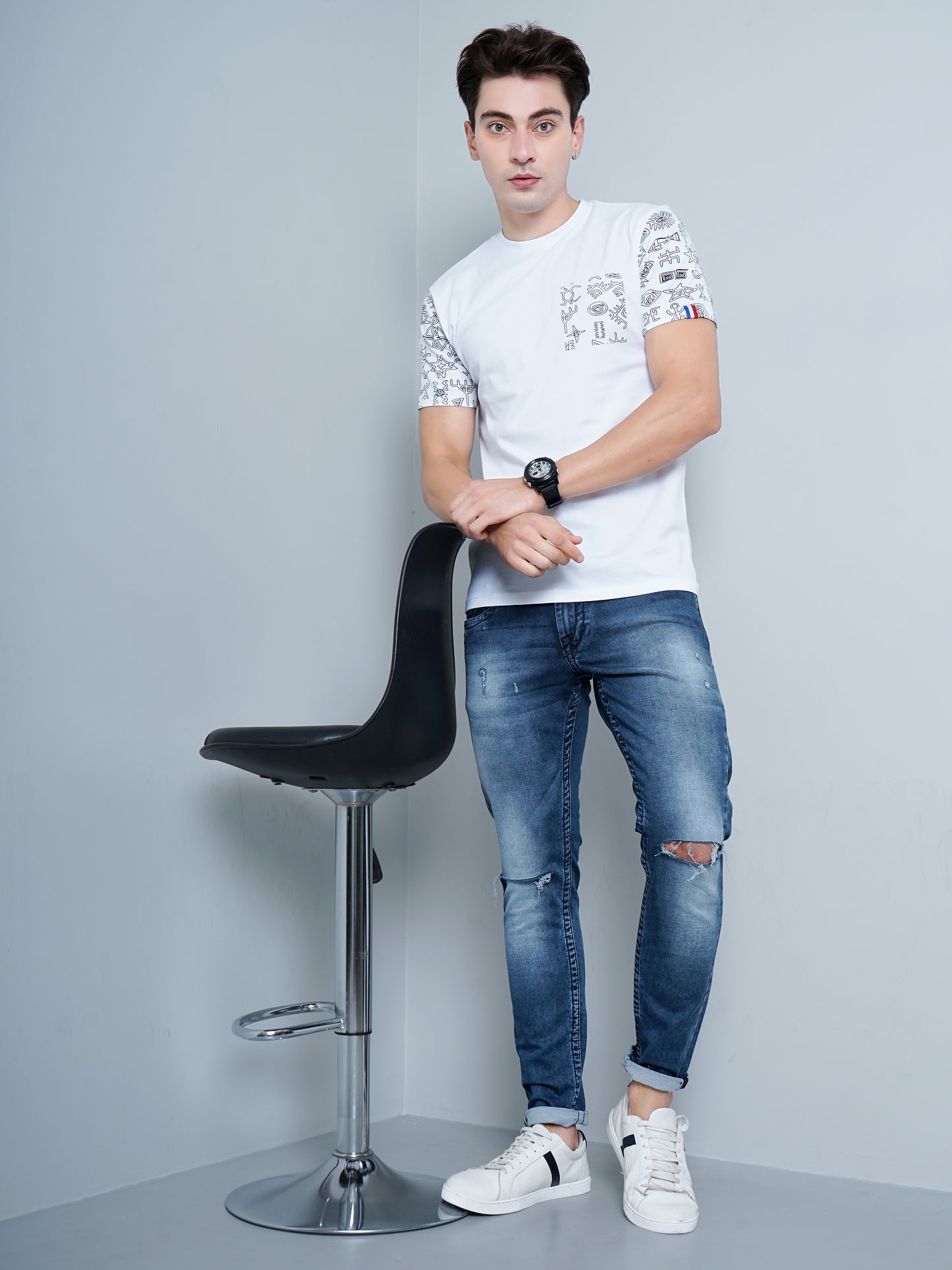 Sleeve Print White T-Shirt