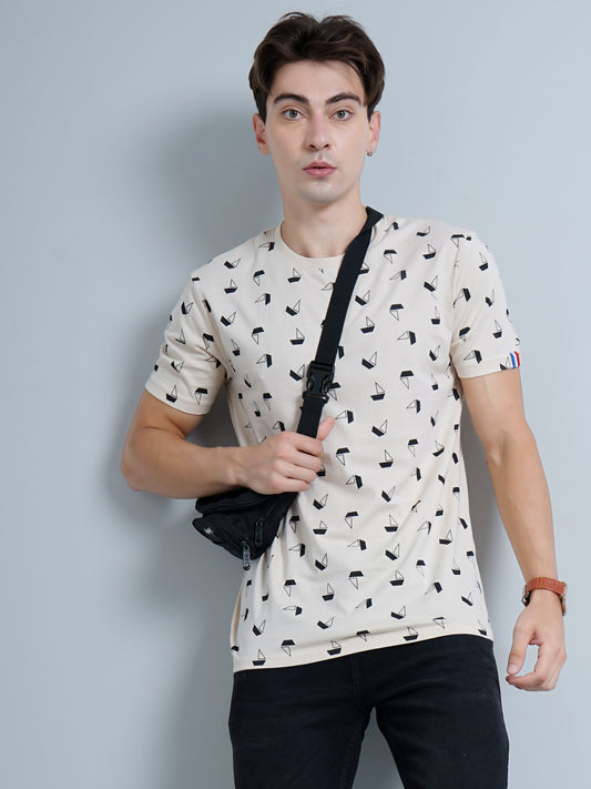 Boat Print Beige T-Shirt