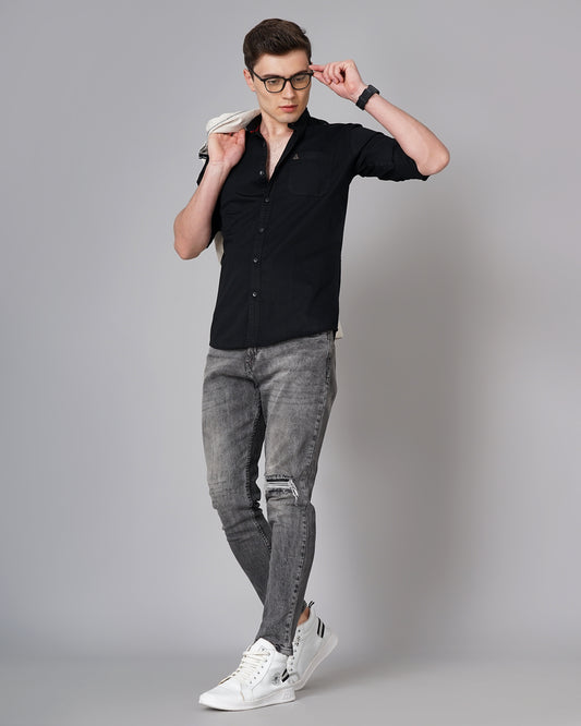Button Mandarin Black Solid Shirt