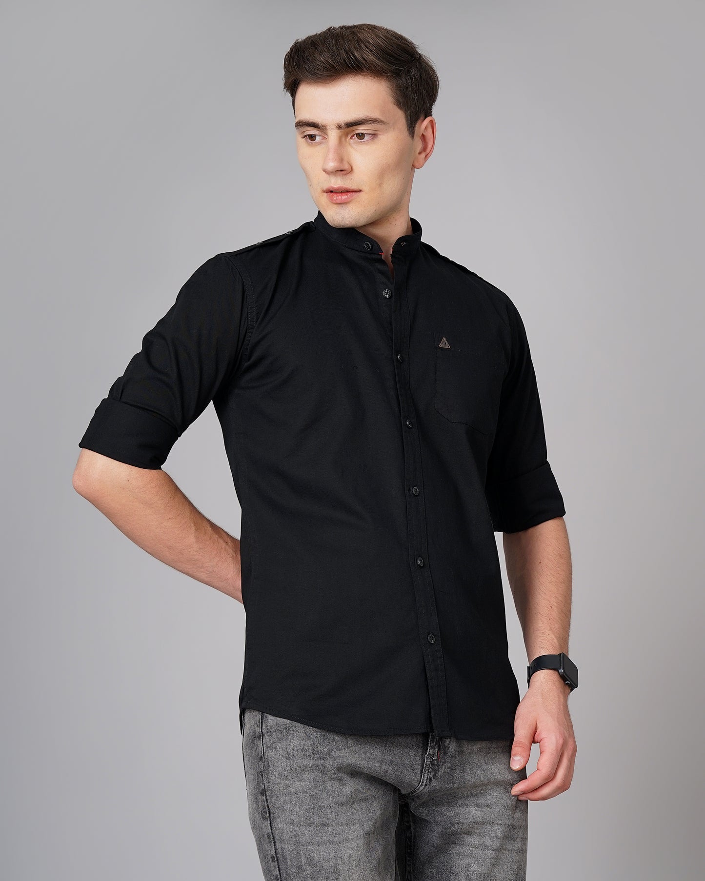 Button Mandarin Black Solid Shirt
