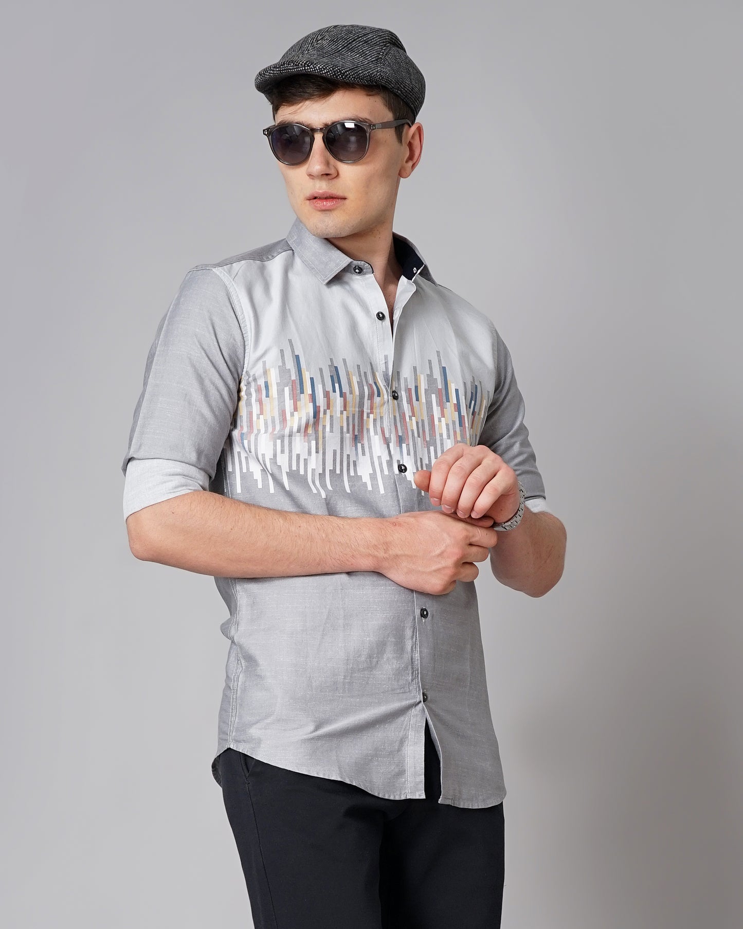 Line Panel Grey Printed Shirt
