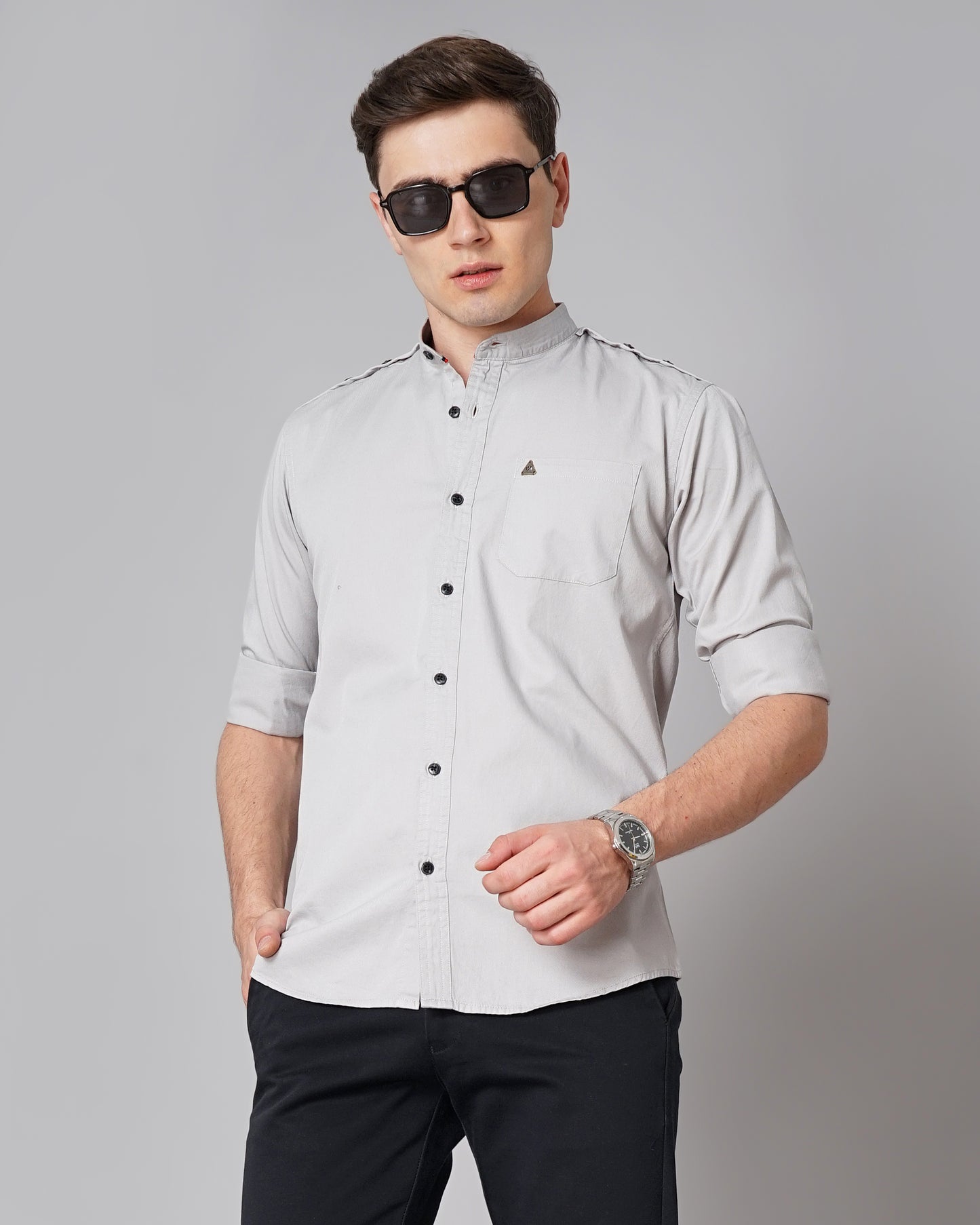 Button Mandarin Grey Solid Shirt