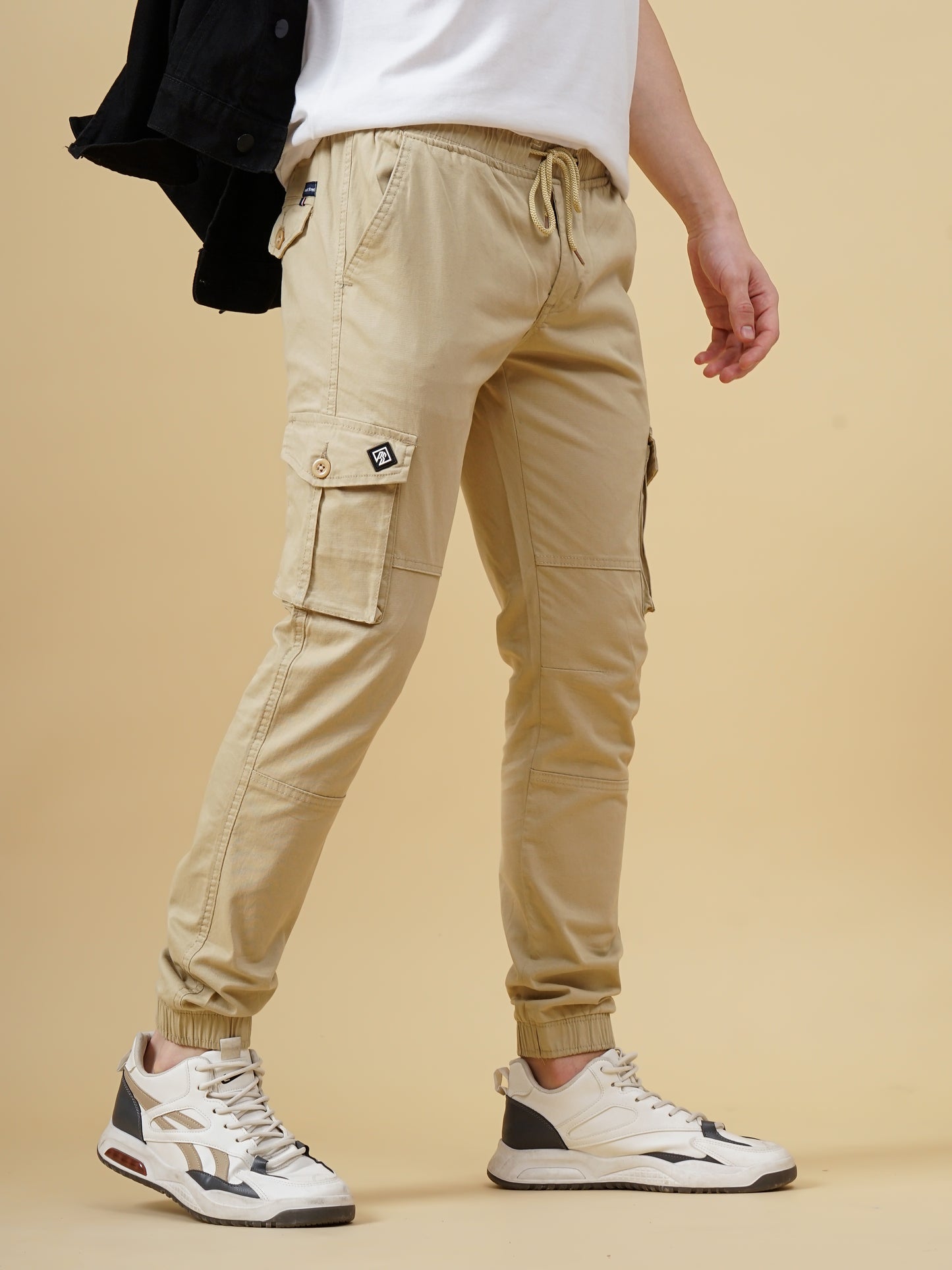 Cream Solid Rib Cargo Pant