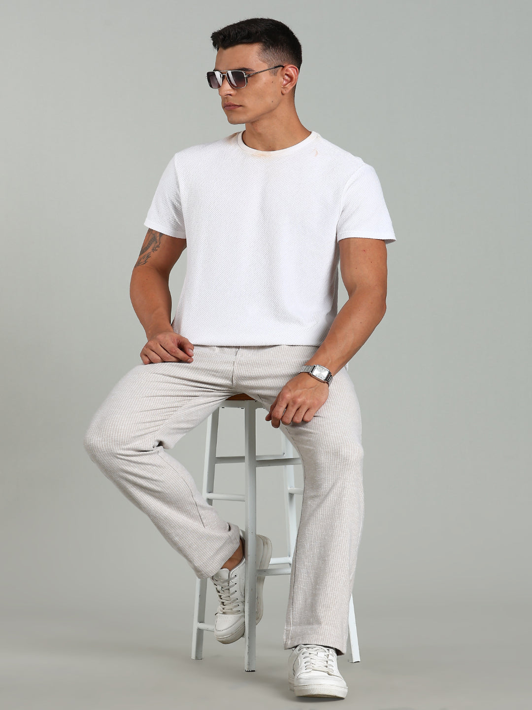 Haven Beige Striped Linen Pant