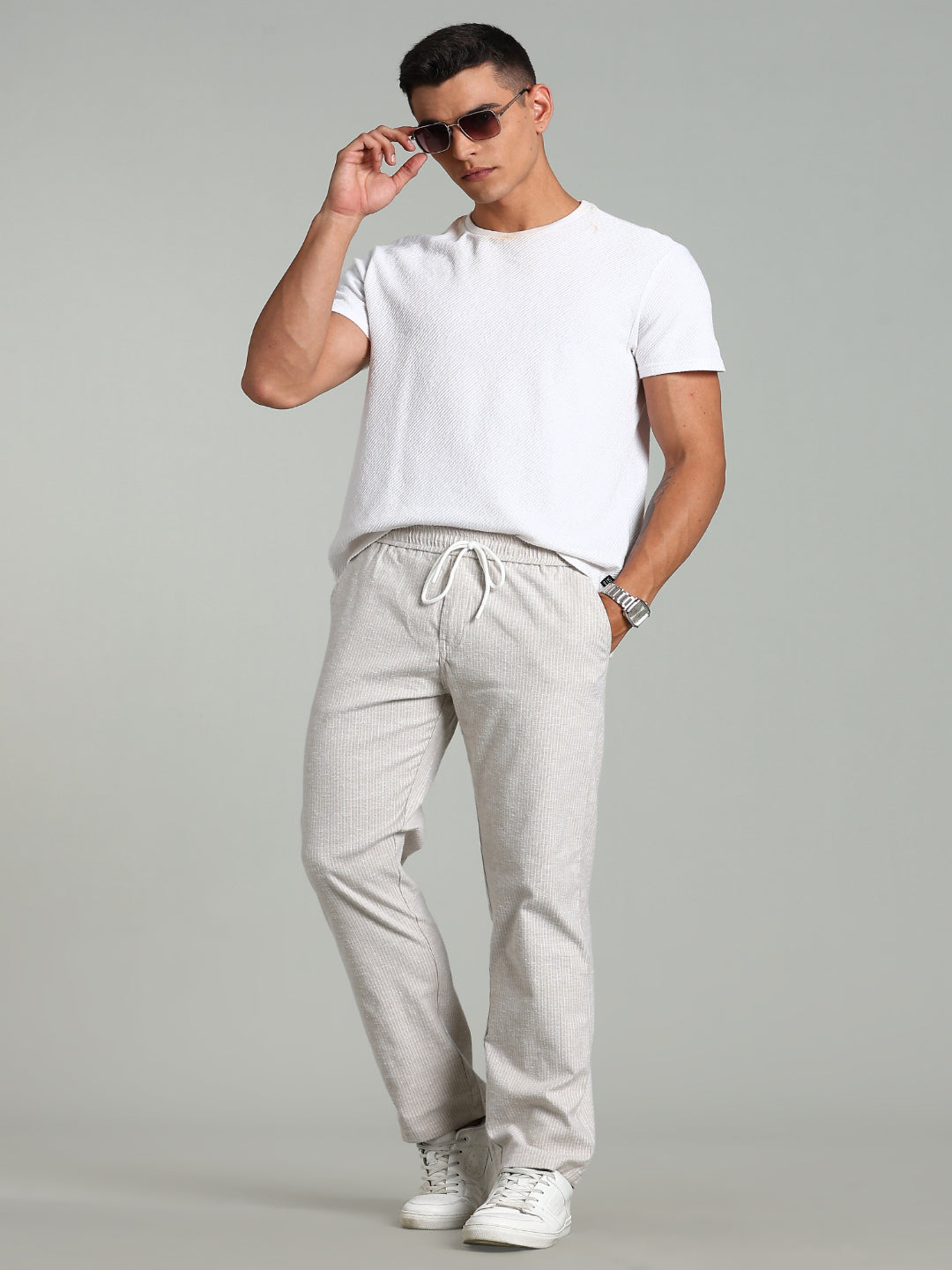 Haven Beige Striped Linen Pant