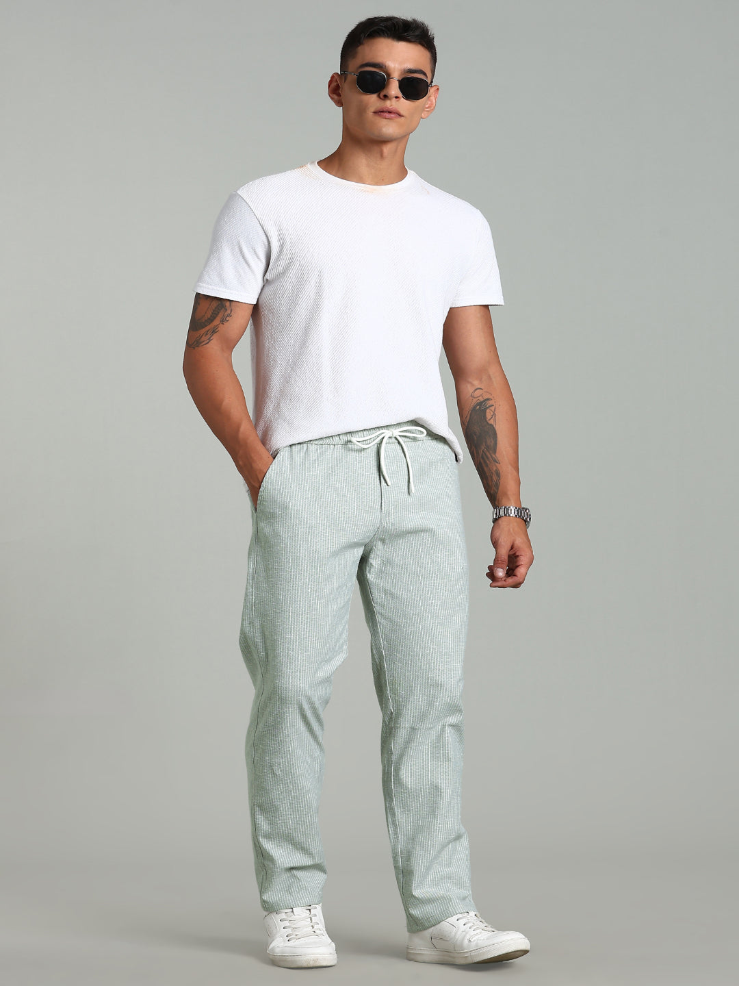 Haven Green Striped Linen Pant