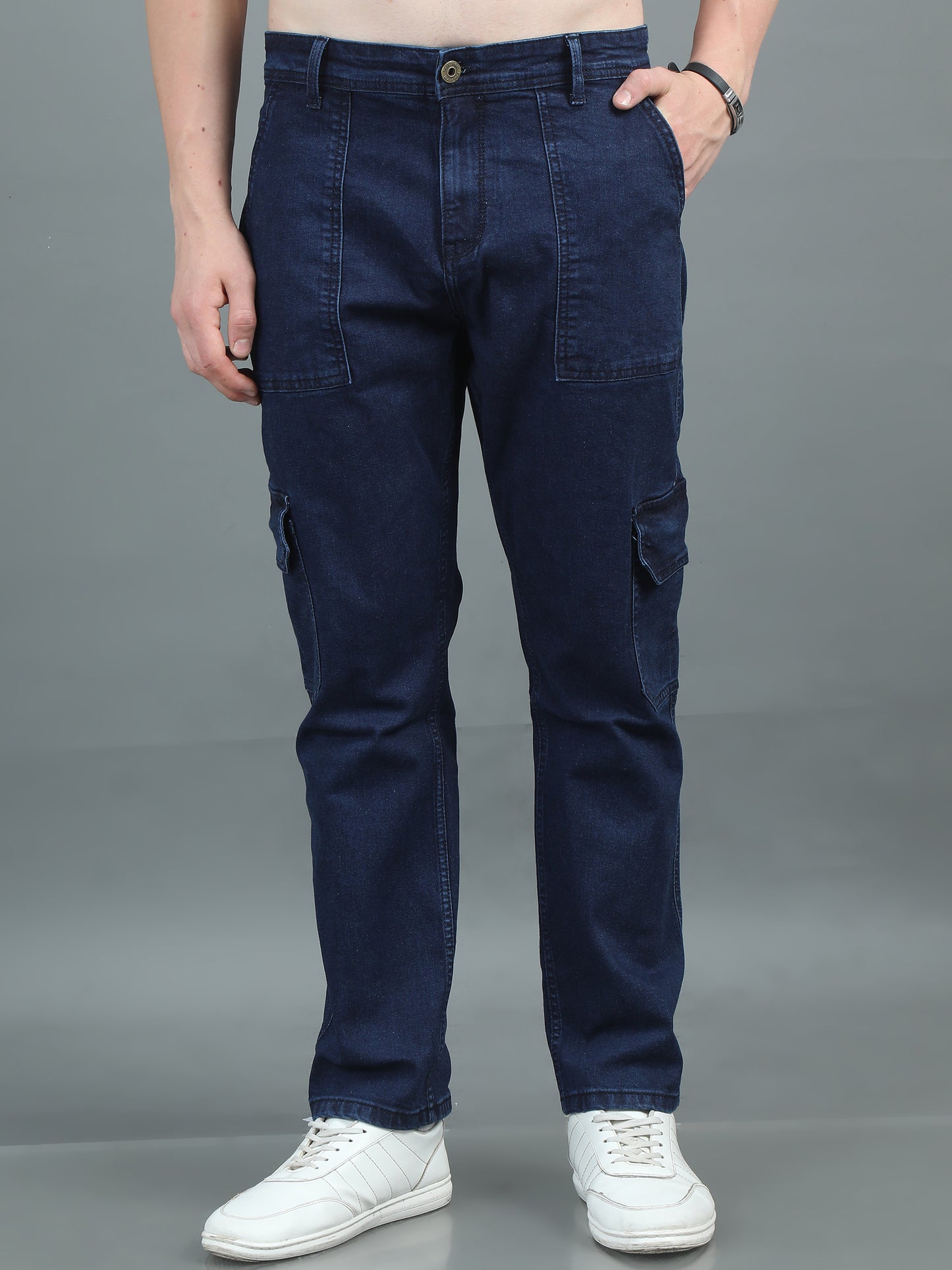 Relaxed Fit Raw Blue Cargo Jeans