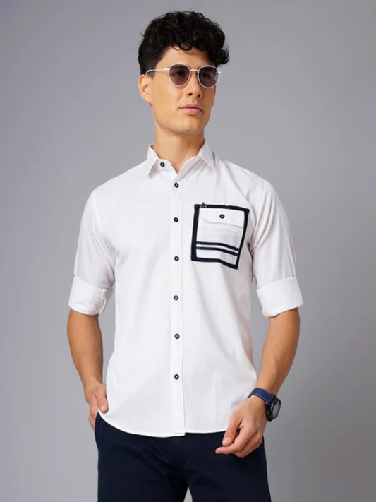 Outline Pocket White Solid Shirt