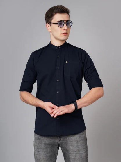 Button Mandarin Navy Solid Shirt