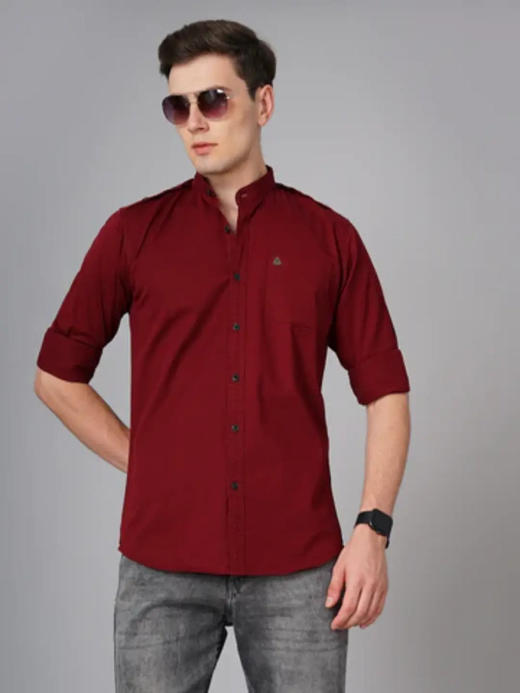 Button Mandarin Red Solid Shirt