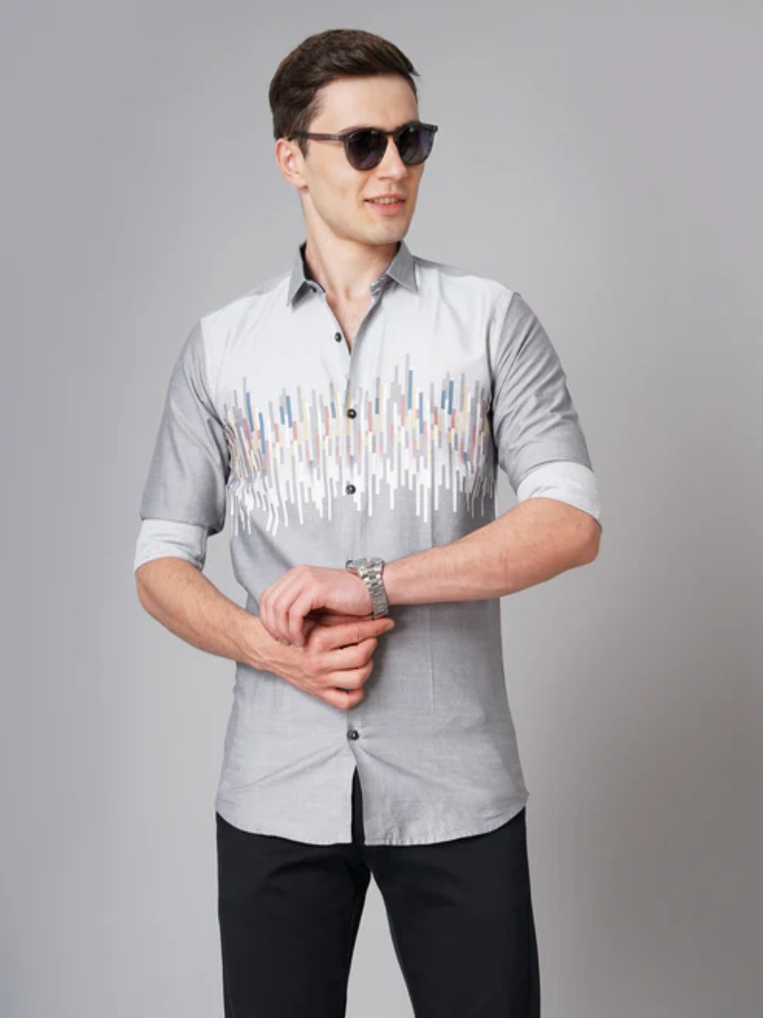 Line Panel Grey Printed Shirt