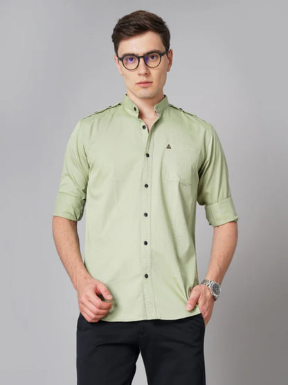 Button Mandarin Green Solid Shirt