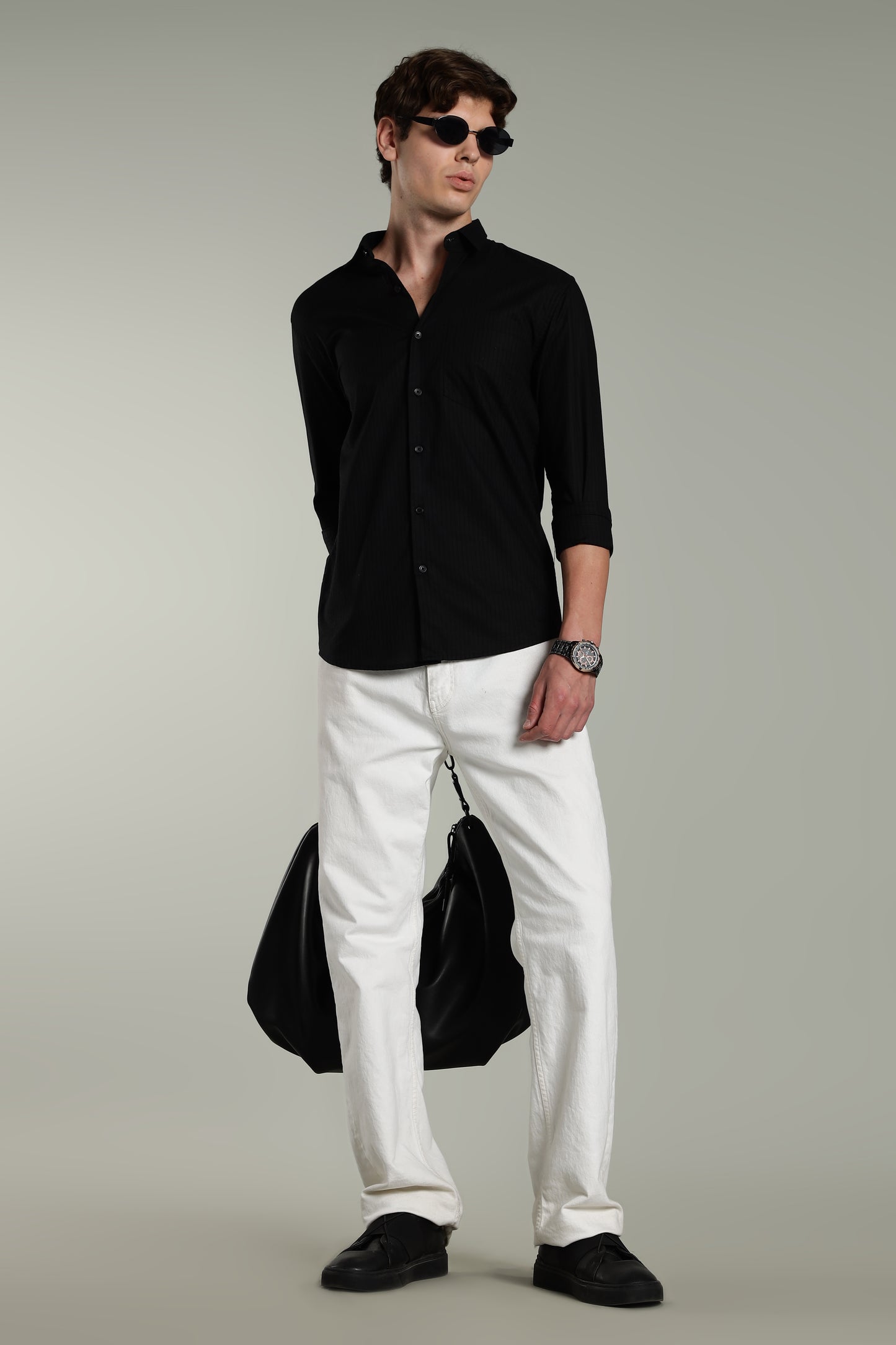 Linen Pin Striped Black Shirt