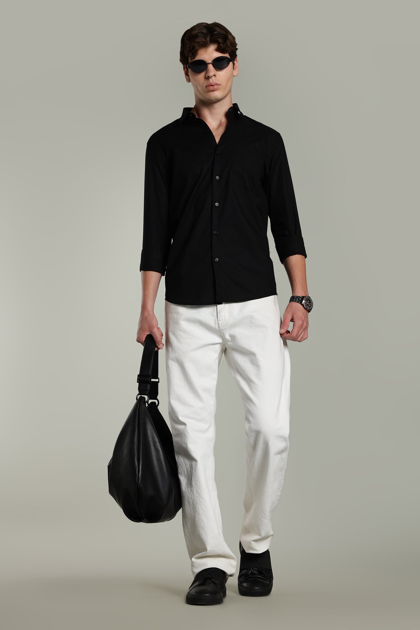 Linen Pin Striped Black Shirt