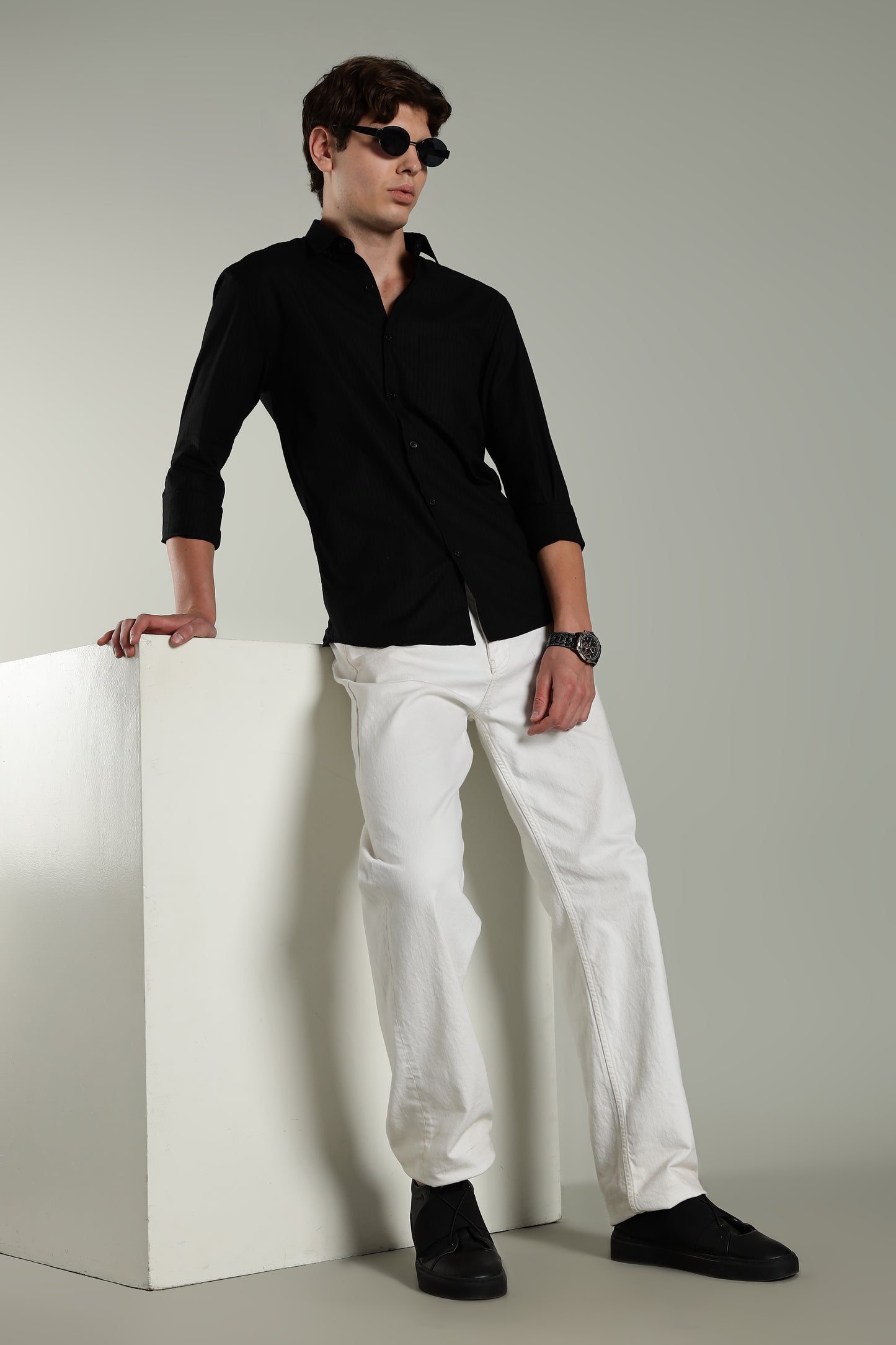 Linen Pin Striped Black Shirt