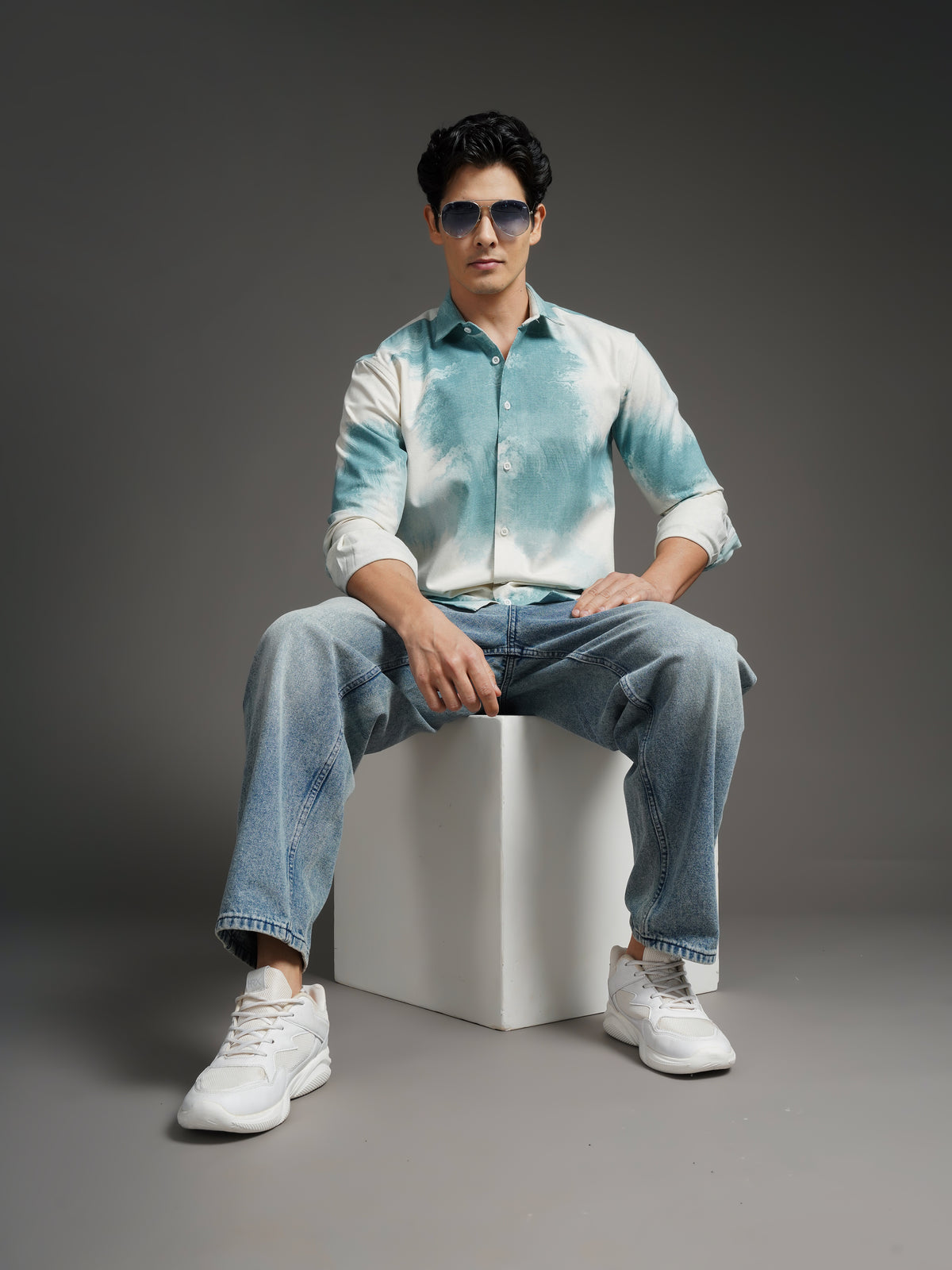 Nuvane Sea Green Print Shirt