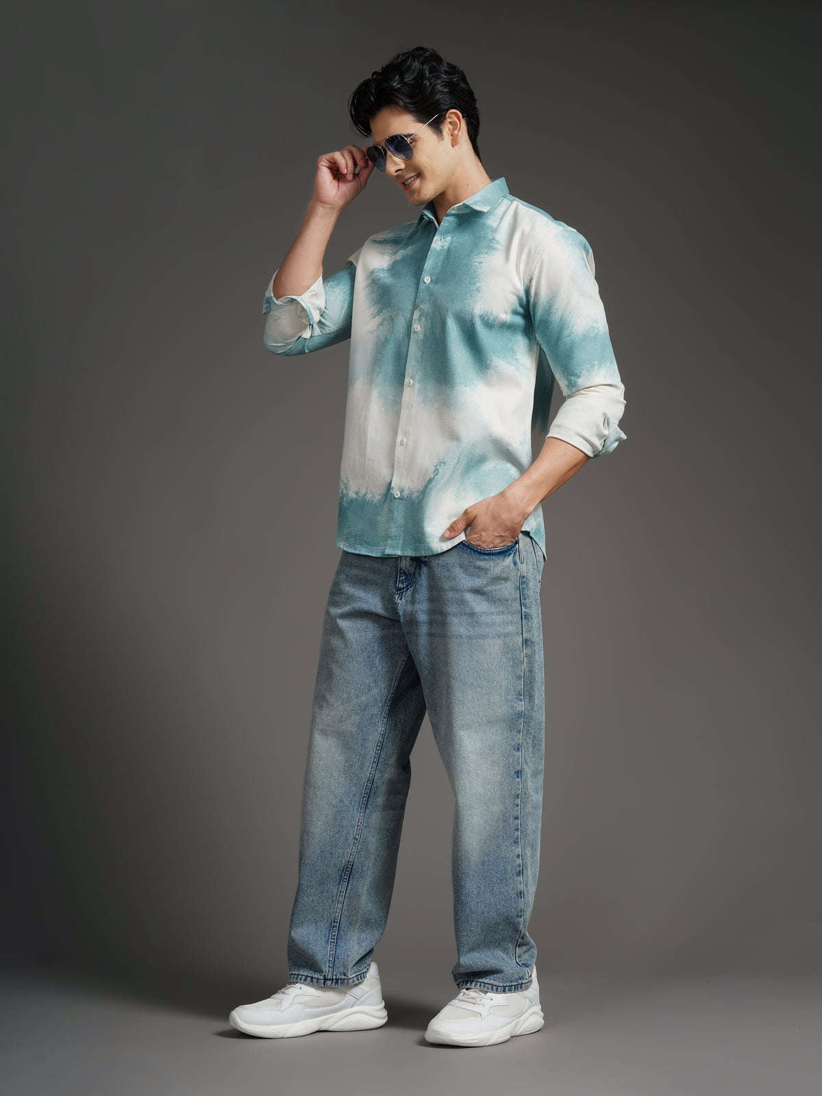 Nuvane Sea Green Print Shirt