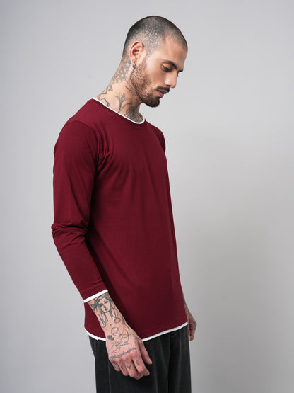 Piped Solid Full Sleeve Maroon T-Shirt