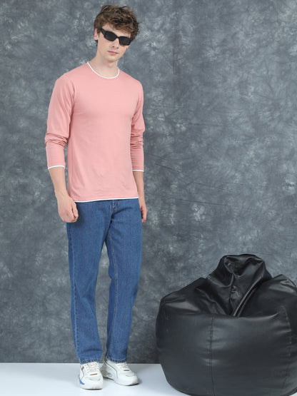 Piped Solid Pink Full Sleeve T-Shirt