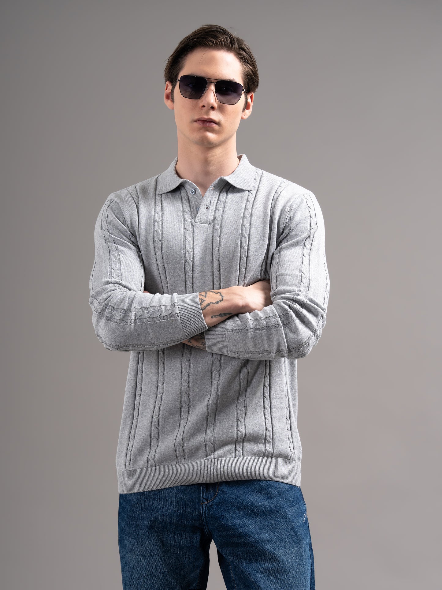 Cable Grey Knit Polo T-Shirt