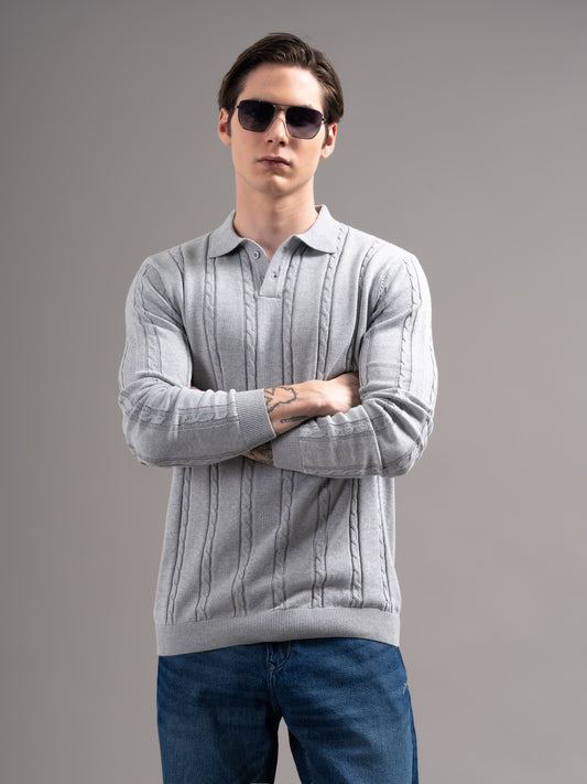 Cable Grey Knit Polo T-Shirt