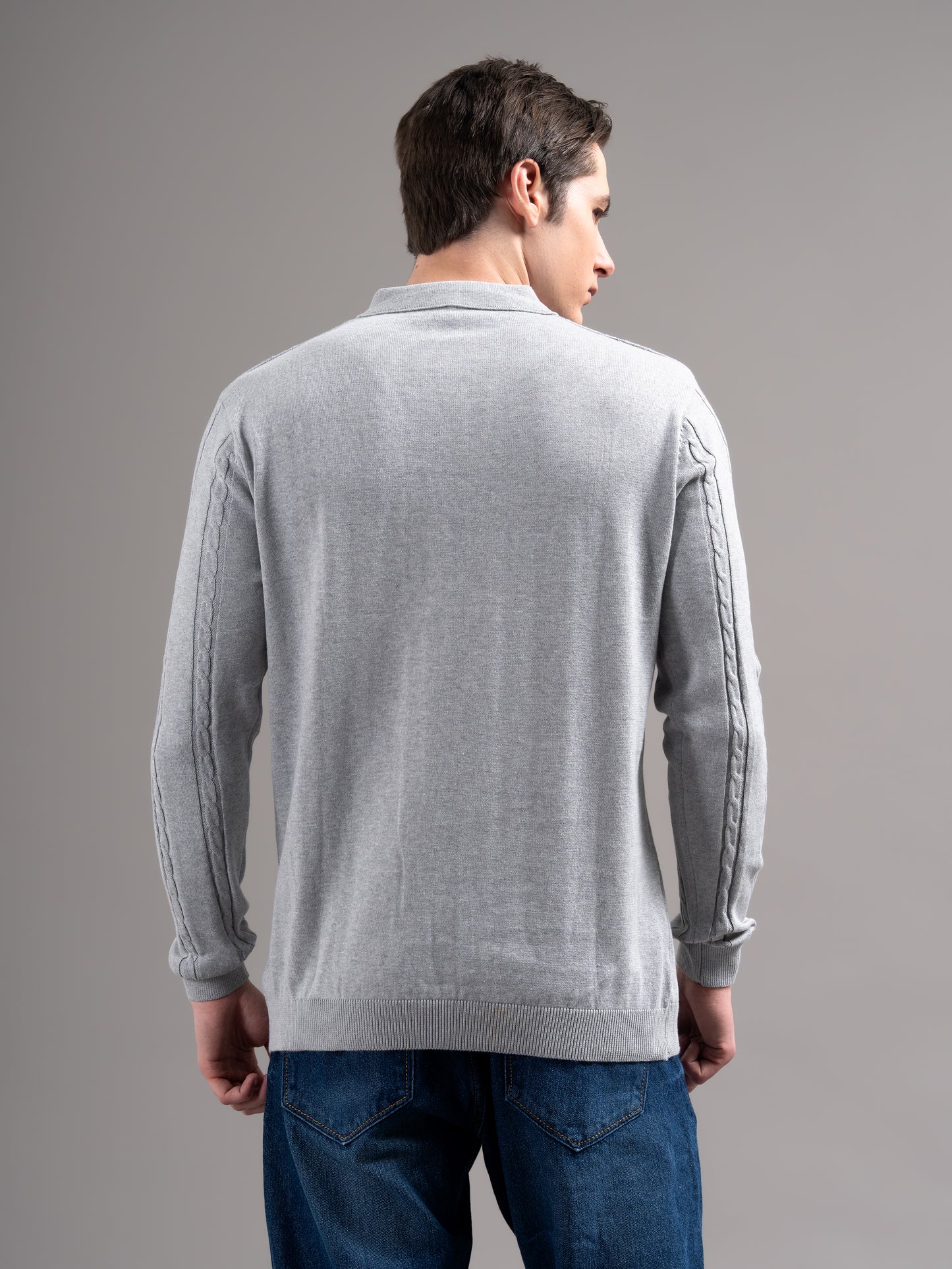Cable Grey Knit Polo T-Shirt