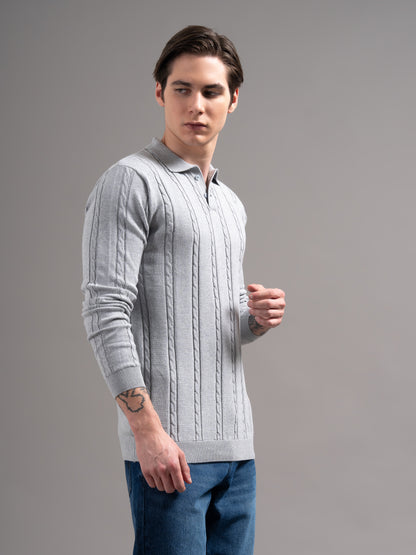 Cable Grey Knit Polo T-Shirt