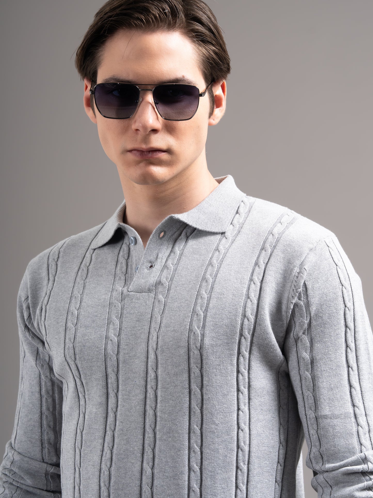 Cable Grey Knit Polo T-Shirt