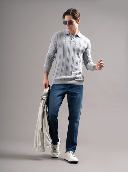 Cable Grey Knit Polo T-Shirt