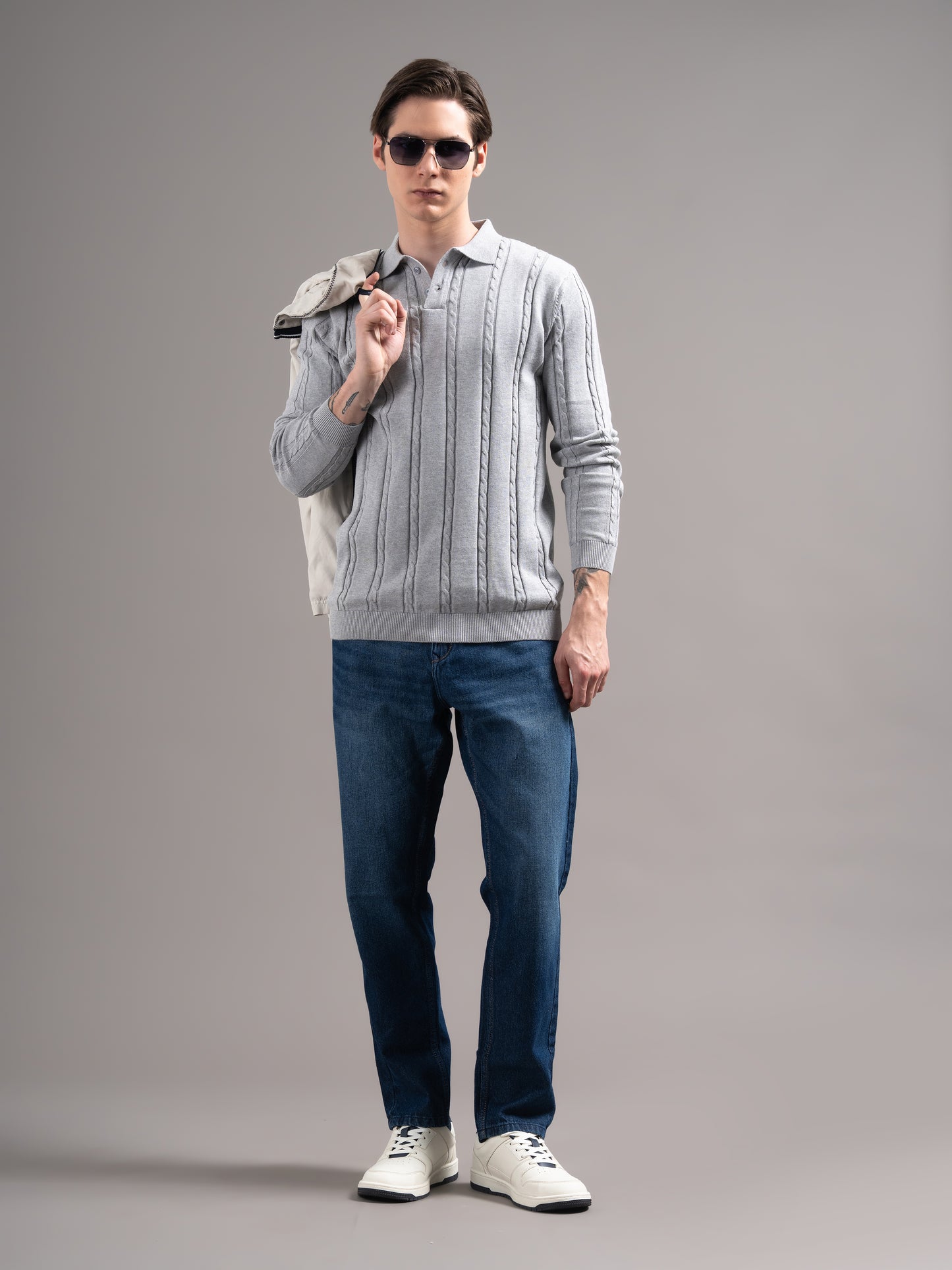 Cable Grey Knit Polo T-Shirt