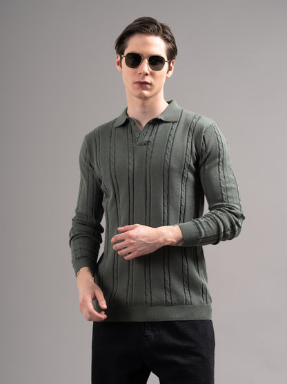 Cable Olive Knit Polo T-Shirt