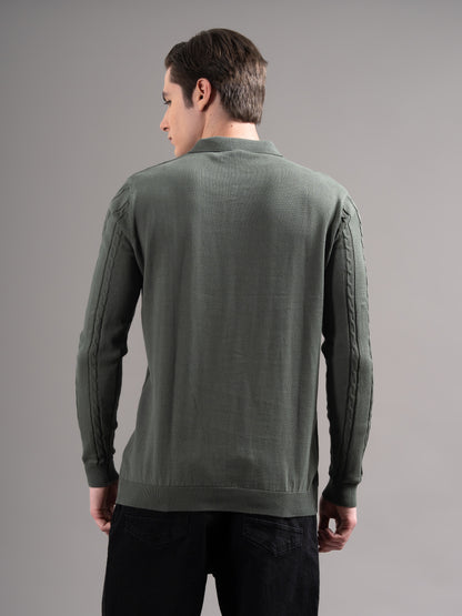 Cable Olive Knit Polo T-Shirt