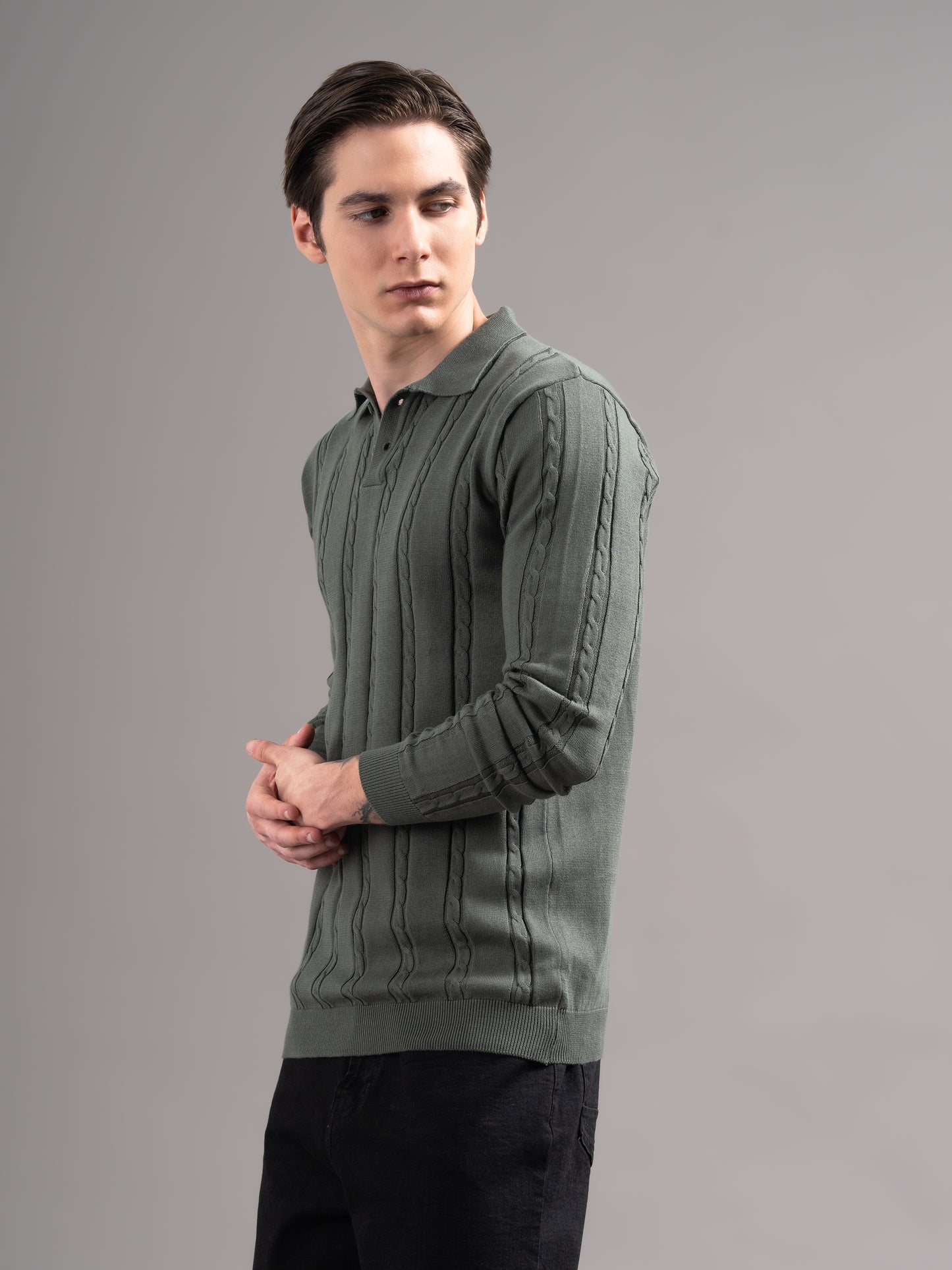 Cable Olive Knit Polo T-Shirt