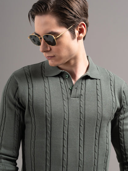 Cable Olive Knit Polo T-Shirt