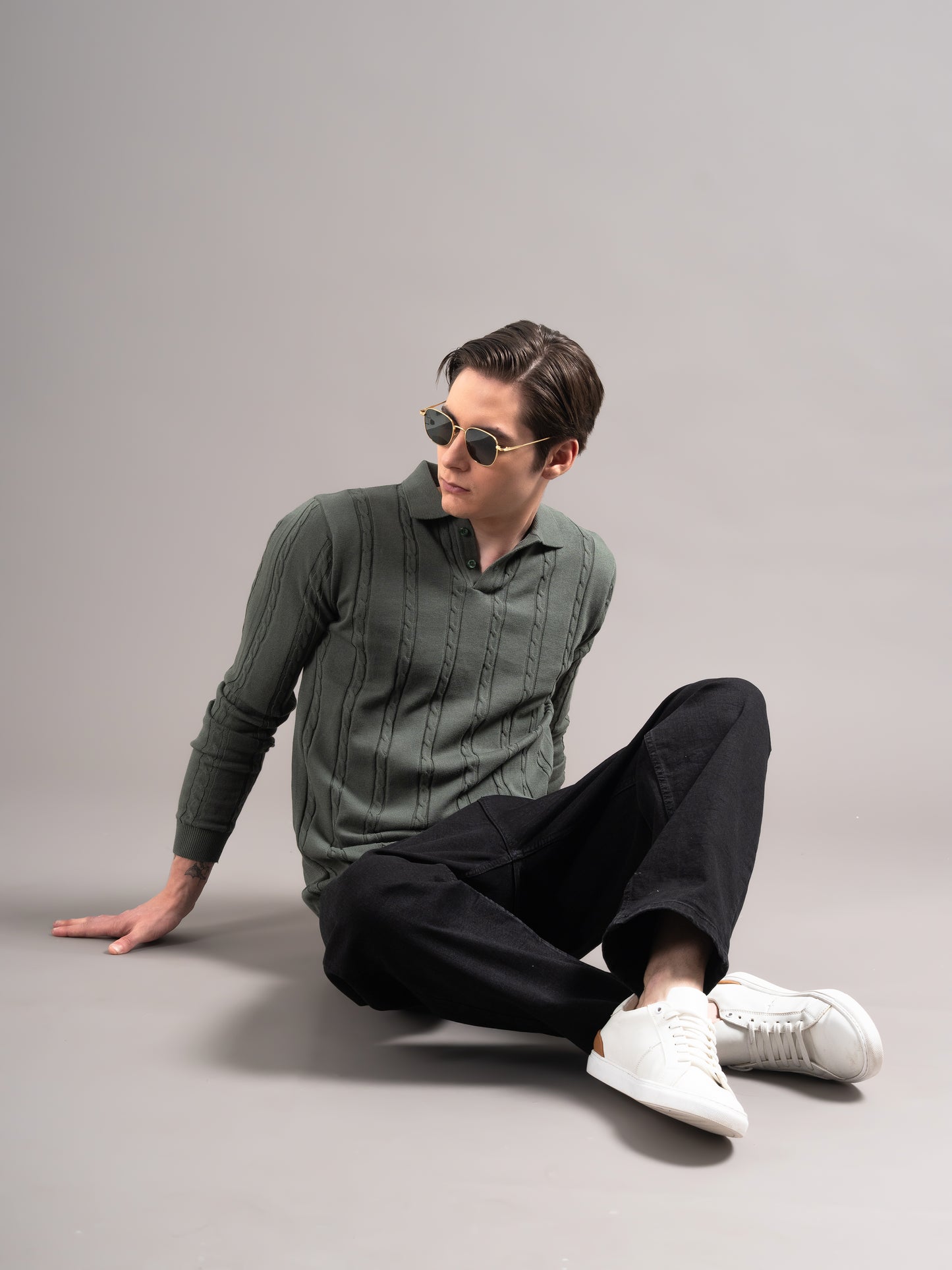 Cable Olive Knit Polo T-Shirt
