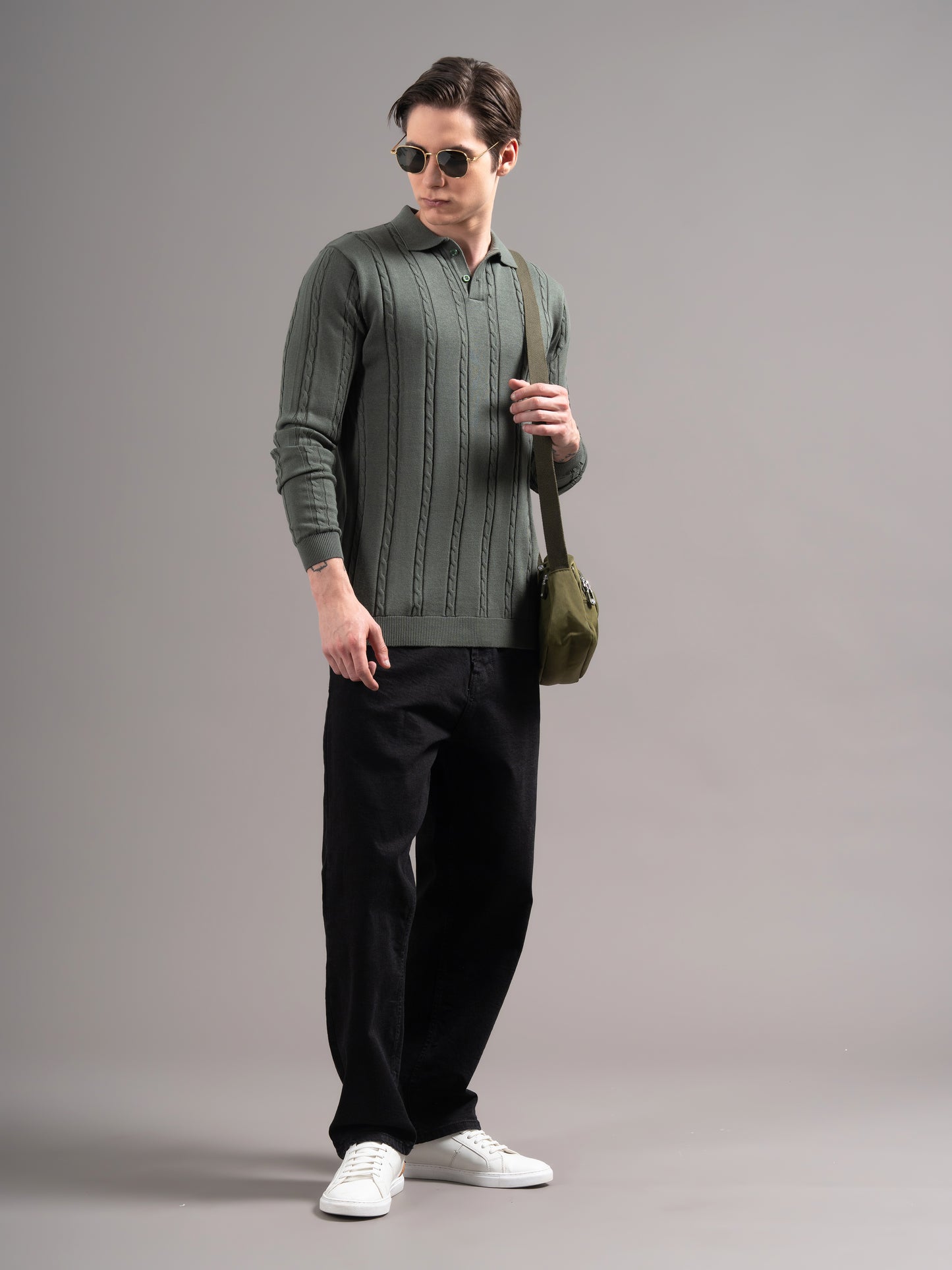 Cable Olive Knit Polo T-Shirt