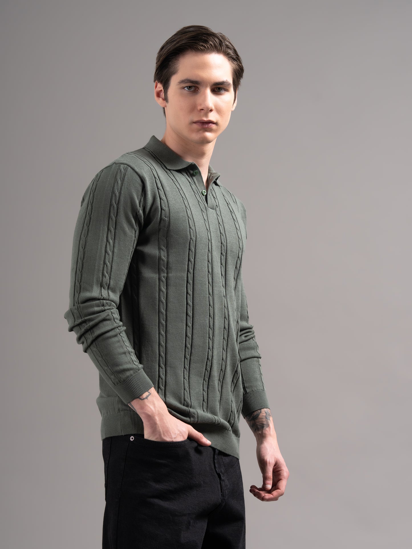 Cable Olive Knit Polo T-Shirt